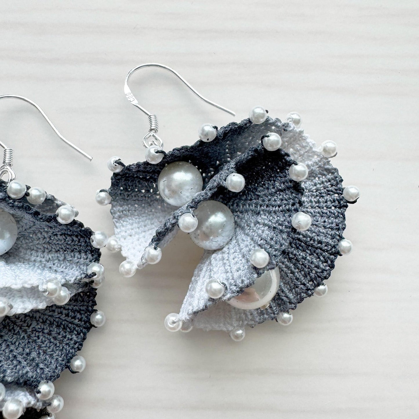 Handmade Micro Crochet Earrings | Spiral Shell Earrings | Beaded Yarn Jewelry | Statement Pearl Earring | Black White Crochet Art