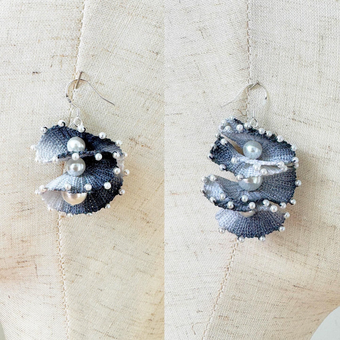 Handmade Micro Crochet Earrings | Spiral Shell Earrings | Beaded Yarn Jewelry | Statement Pearl Earring | Black White Crochet Art