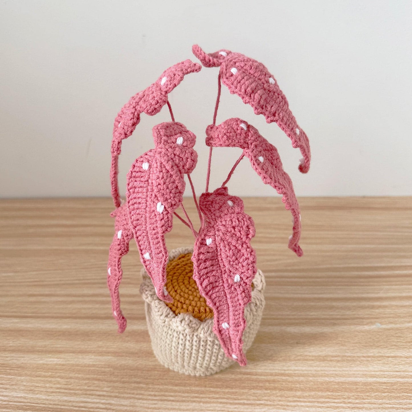 Handmade Crochet Begonia Flamingo Queen Plant | Polka Dot Houseplant | Green or Pink Leaf Decor | Indoor Plant Lover Gift | Botanical Art