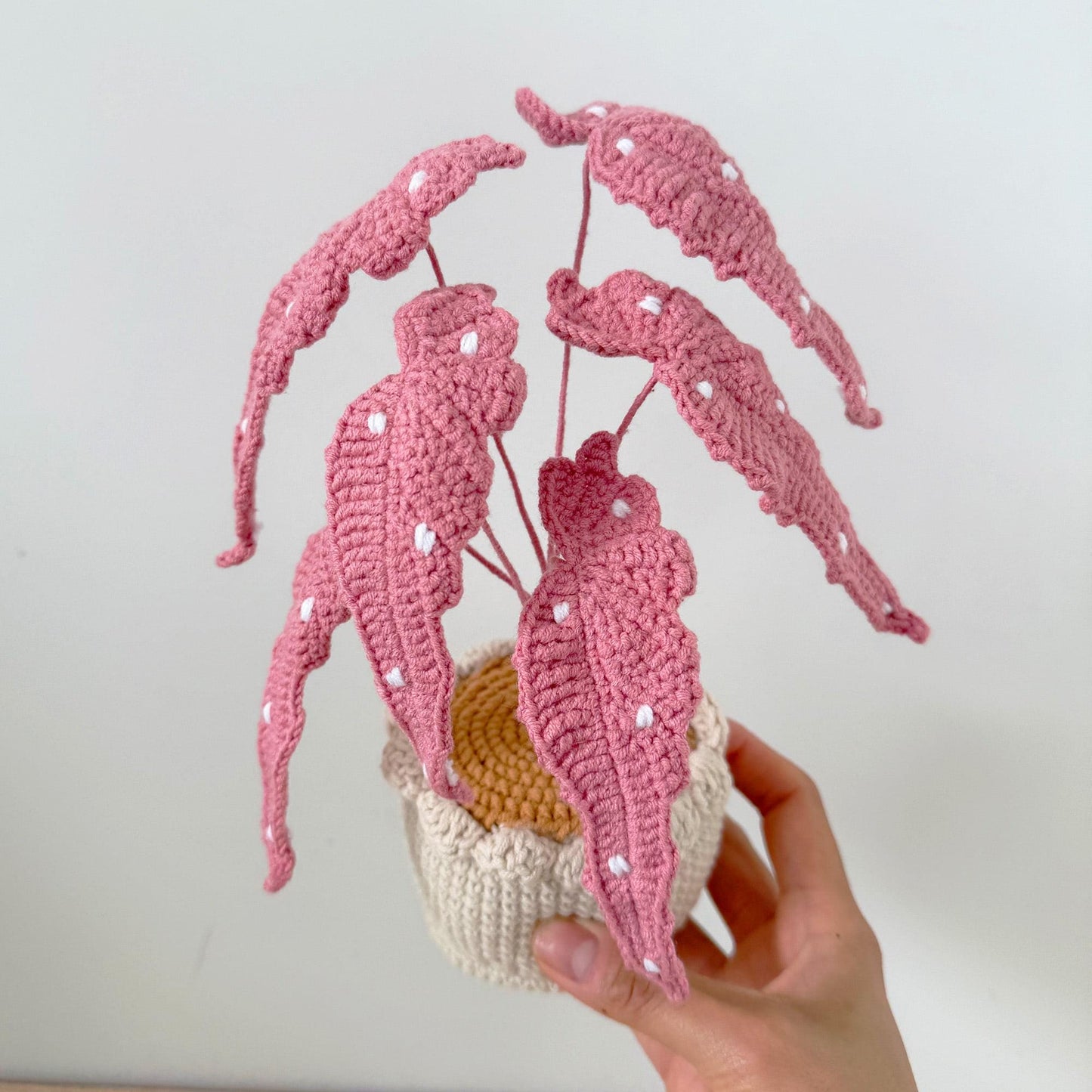 Handmade Crochet Begonia Flamingo Queen Plant | Polka Dot Houseplant | Green or Pink Leaf Decor | Indoor Plant Lover Gift | Botanical Art
