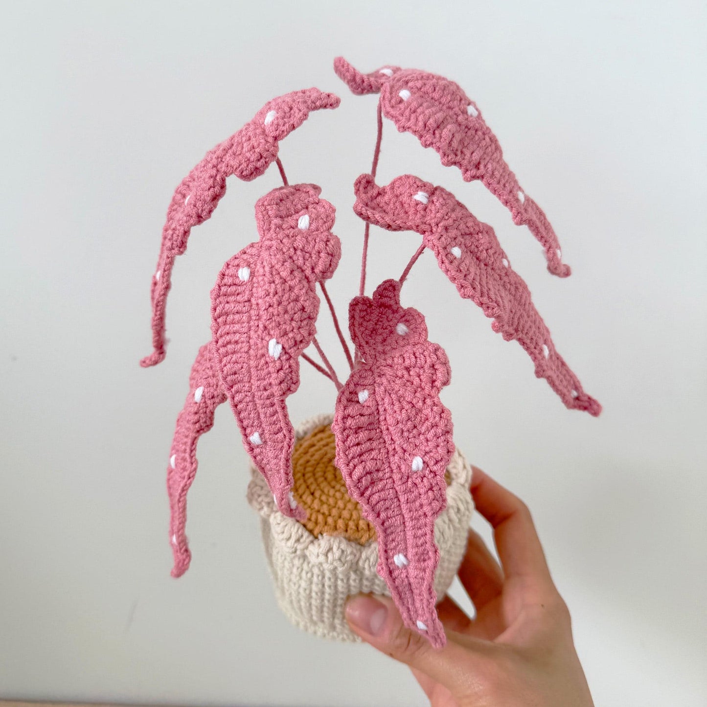 Handmade Crochet Begonia Flamingo Plant: Polka Dot Leaf Decor