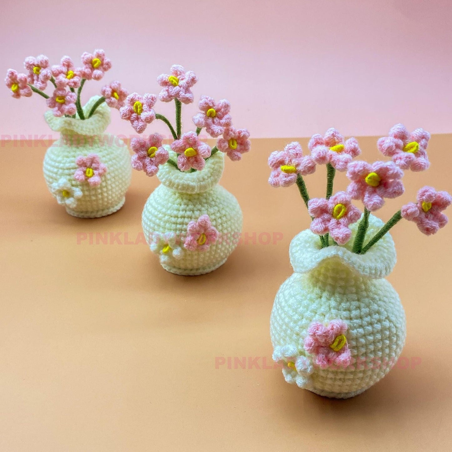 Handmade Crochet Sakura Vase Charm | Japanese Style Home Decor | Pink Flower Bag Charm | Car Hanging Ornament | Kawaii Amigurumi Gift