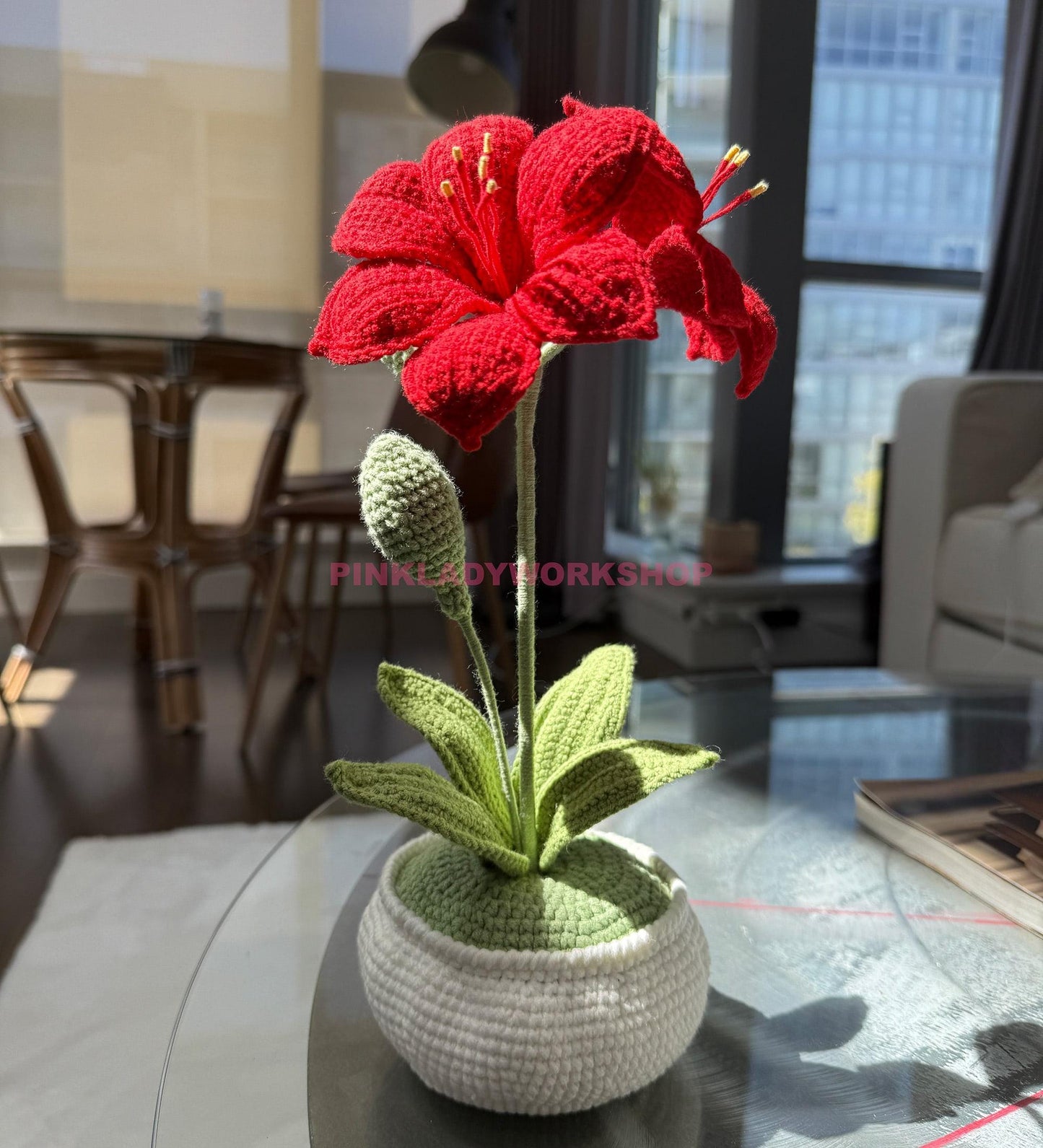 Handmade Crochet Amaryllis Flower Pot | Red Lily Decor | Handmade Hippeastrum | Holiday Table Centerpiece | Yarn Plant