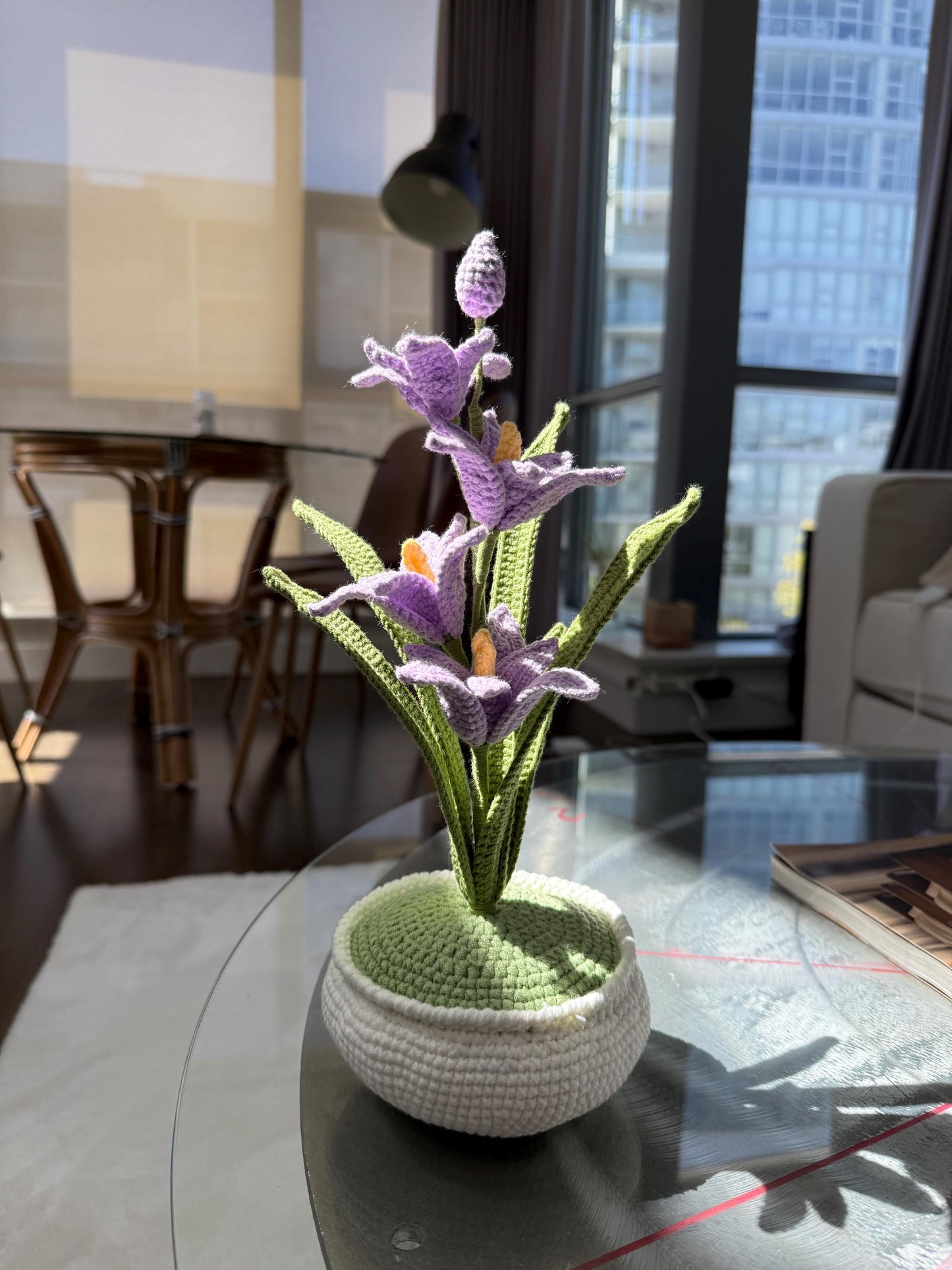 Crochet Gladiolus Flower Pot | Purple Yarn Flowers | Handmade Floral Decor | Faux Plant Gift | Spring Home Accent | Amigurumi Bloom