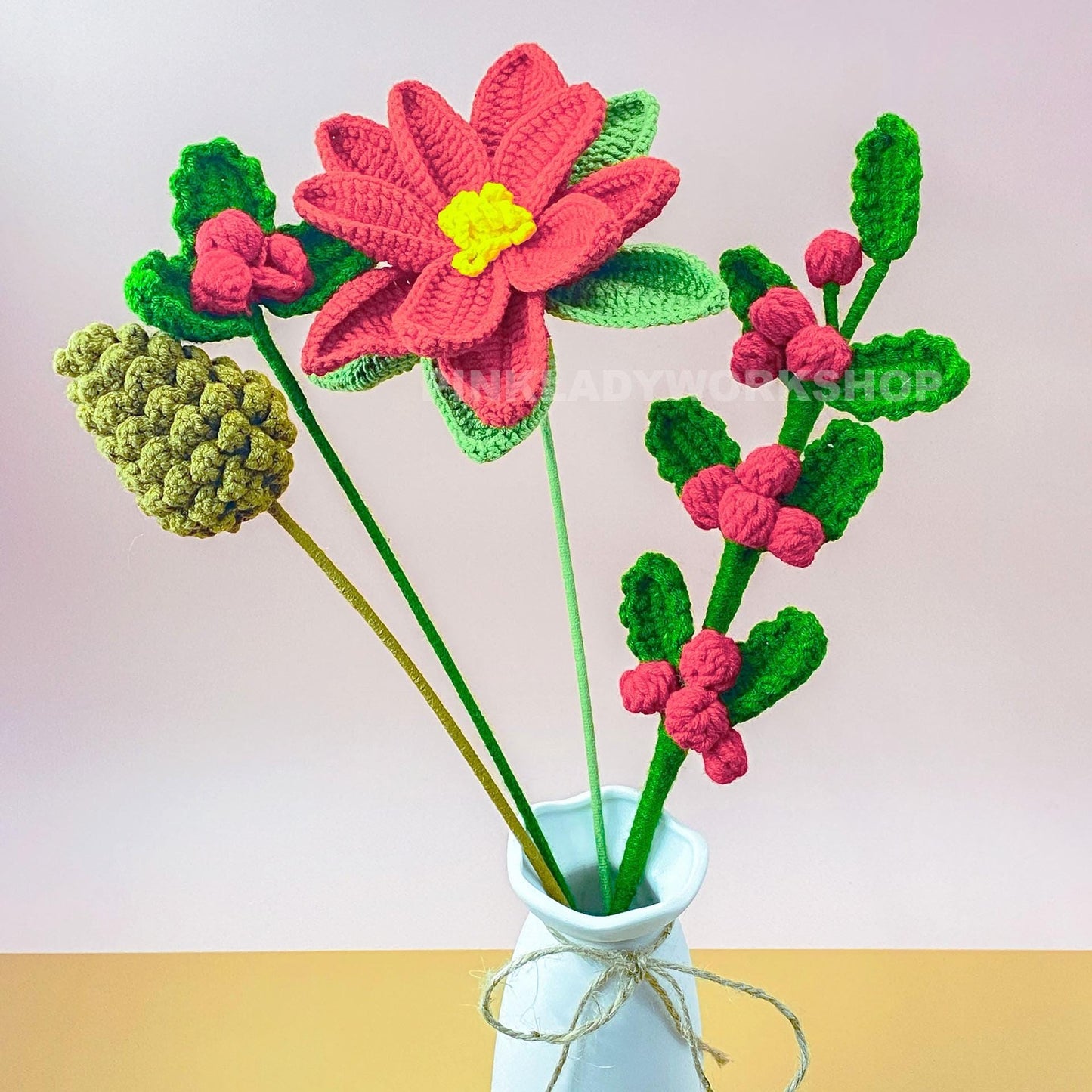 Handmade Crochet Christmas Bouquet | Poinsettia Pine Holly | Handmade Holiday Flowers | Amigurumi Decor | Festive Faux Arrangement Yarn Gift