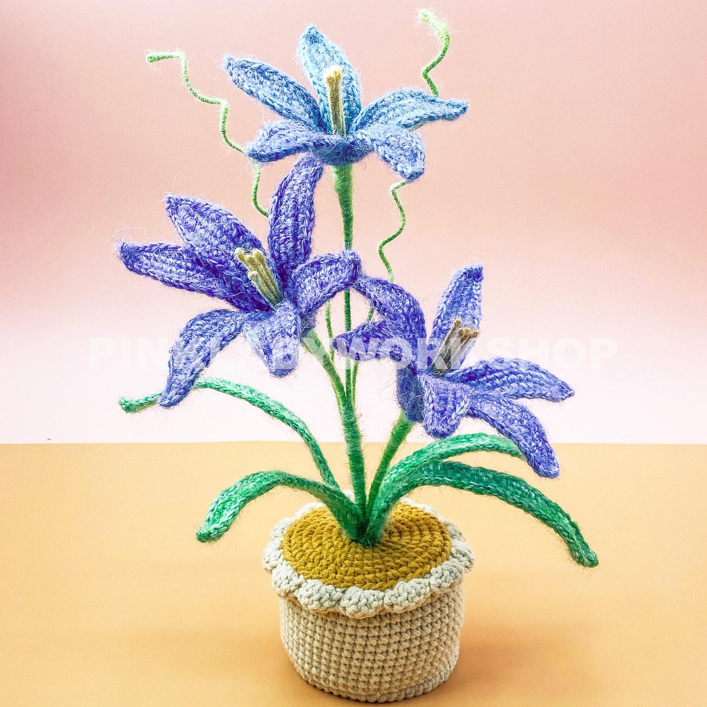 Handmade Crochet Rain Lily Flower Pot | Amigurumi Lily Decor | Gradient Yarn Flower Arrangement | Soft Sculpture Plant Gift | Pink Blue
