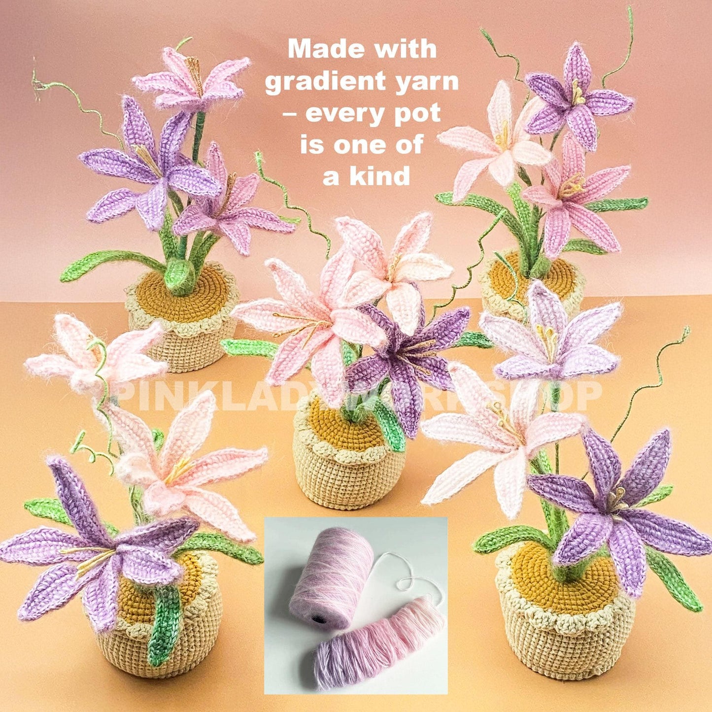 Handmade Crochet Rain Lily Flower Pot | Amigurumi Lily Decor | Gradient Yarn Flower Arrangement | Soft Sculpture Plant Gift | Pink Blue