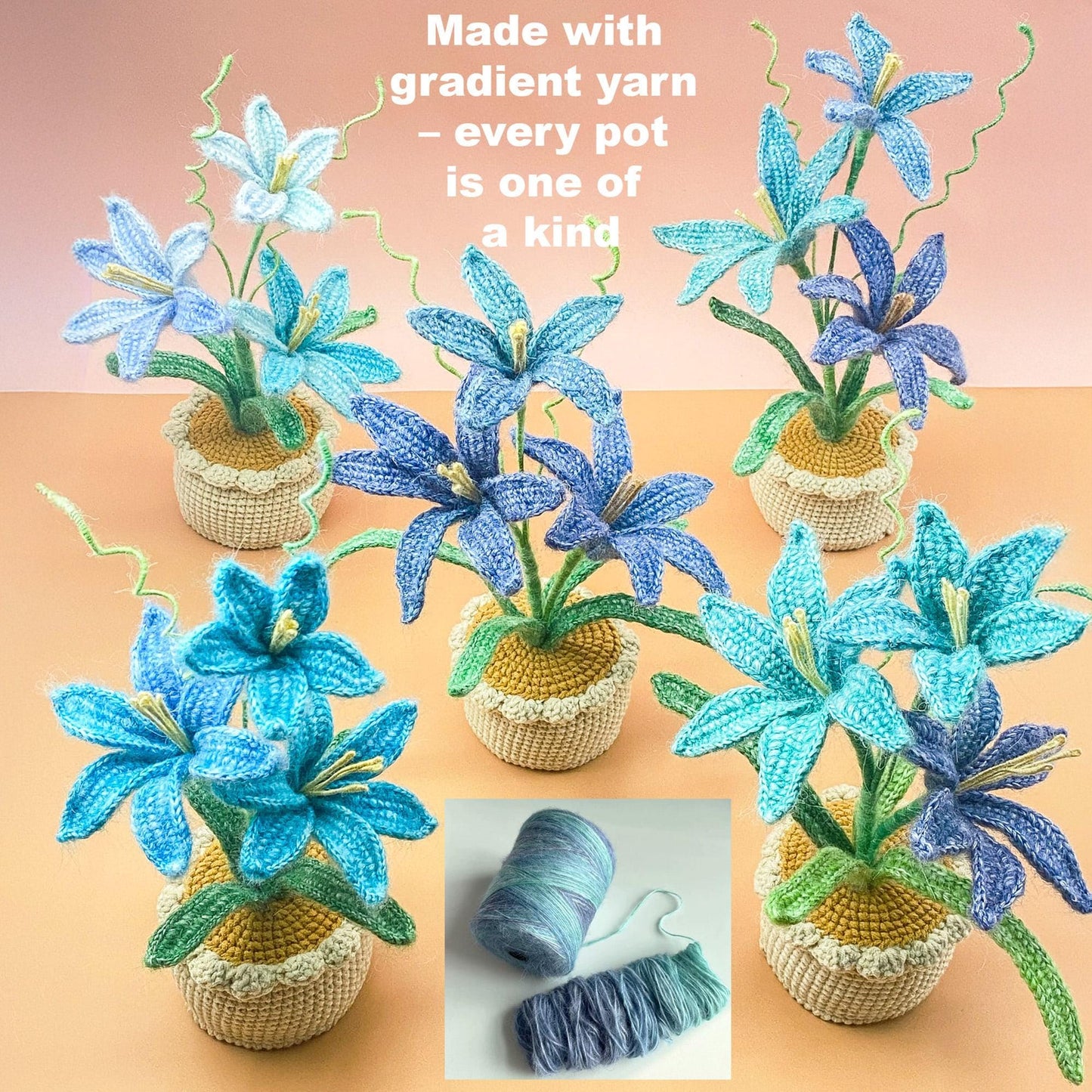 Handmade Crochet Rain Lily Flower Pot | Amigurumi Lily Decor | Gradient Yarn Flower Arrangement | Soft Sculpture Plant Gift | Pink Blue