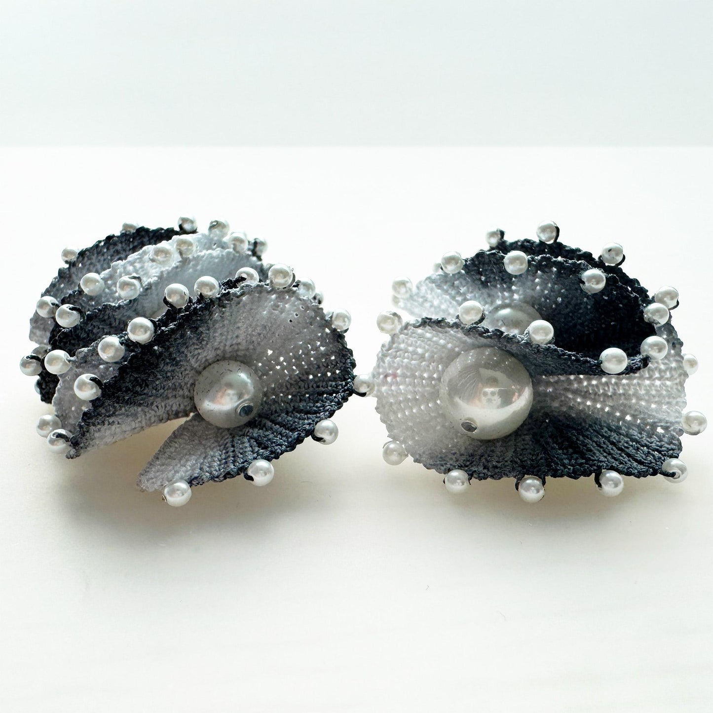 Handmade Micro Crochet Earrings | Spiral Shell Earrings | Beaded Yarn Jewelry | Statement Pearl Earring | Black White Crochet Art