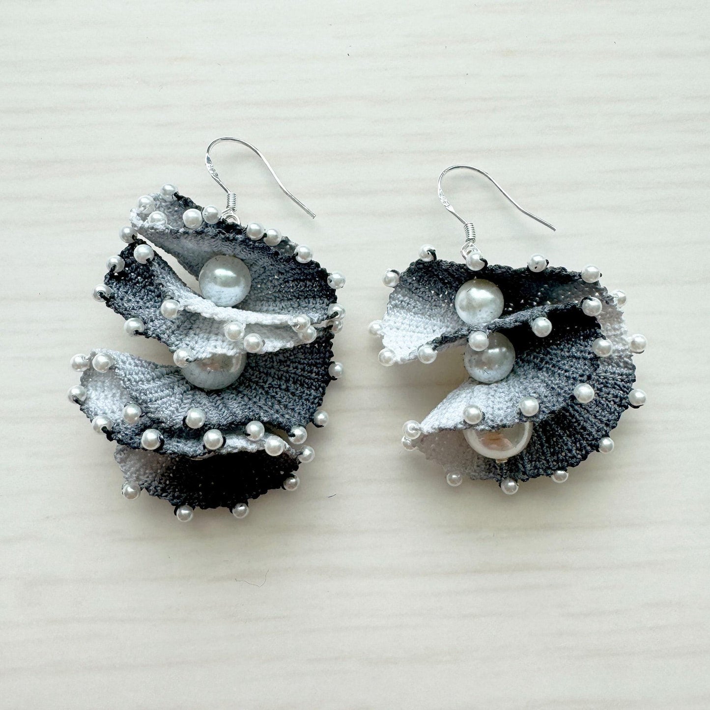 Handmade Micro Crochet Earrings | Spiral Shell Earrings | Beaded Yarn Jewelry | Statement Pearl Earring | Black White Crochet Art