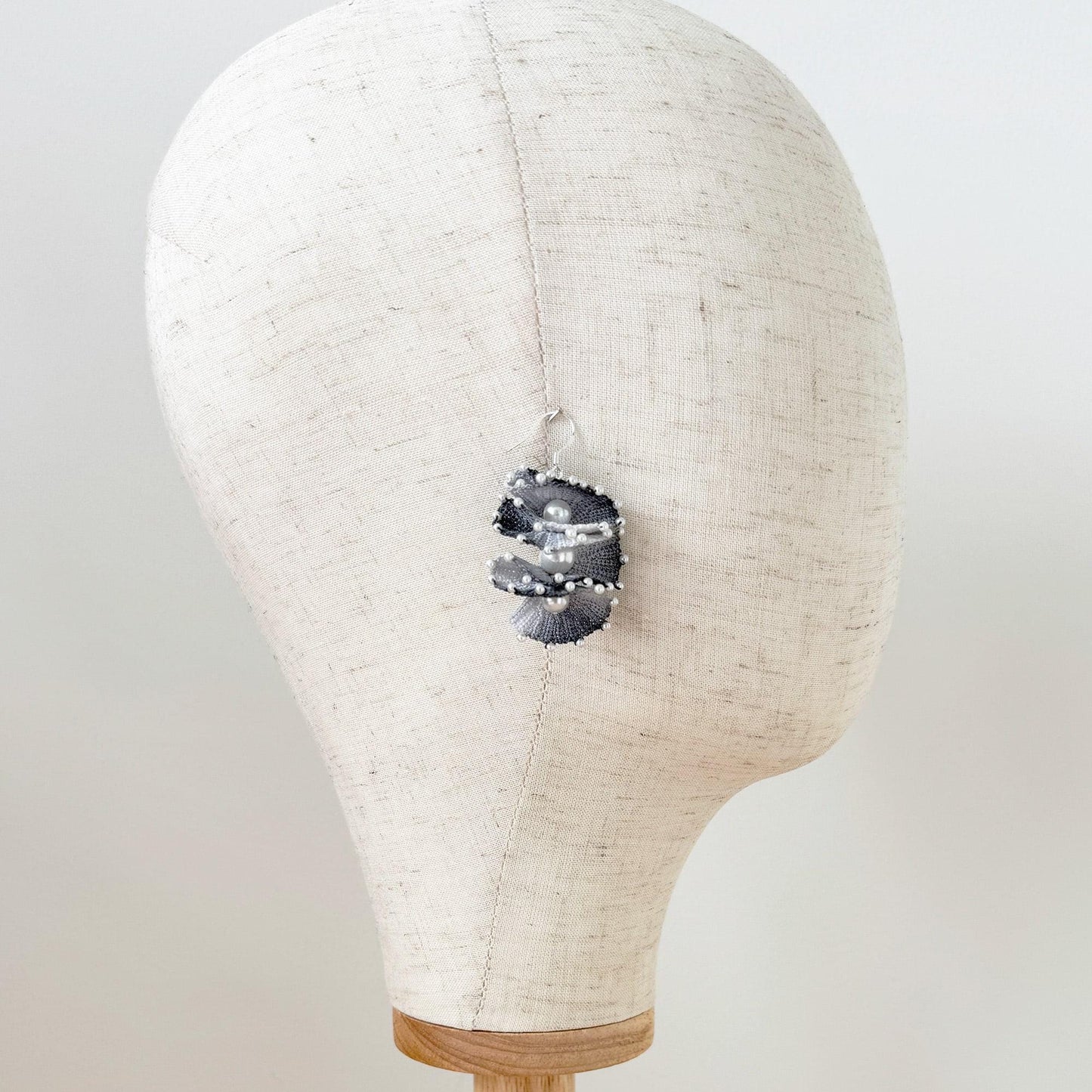 Handmade Micro Crochet Earrings | Spiral Shell Earrings | Beaded Yarn Jewelry | Statement Pearl Earring | Black White Crochet Art