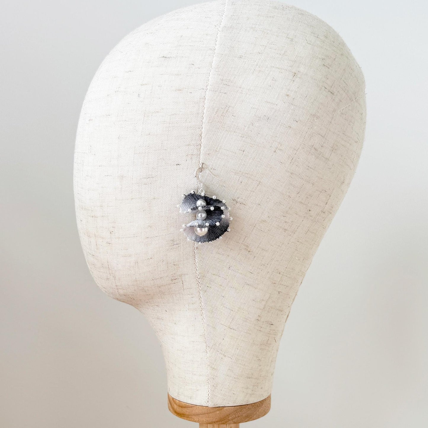 Handmade Micro Crochet Earrings | Spiral Shell Earrings | Beaded Yarn Jewelry | Statement Pearl Earring | Black White Crochet Art