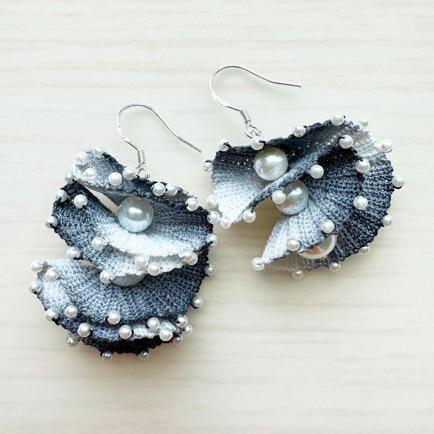 Handmade Micro Crochet Earrings | Spiral Shell Earrings | Beaded Yarn Jewelry | Statement Pearl Earring | Black White Crochet Art