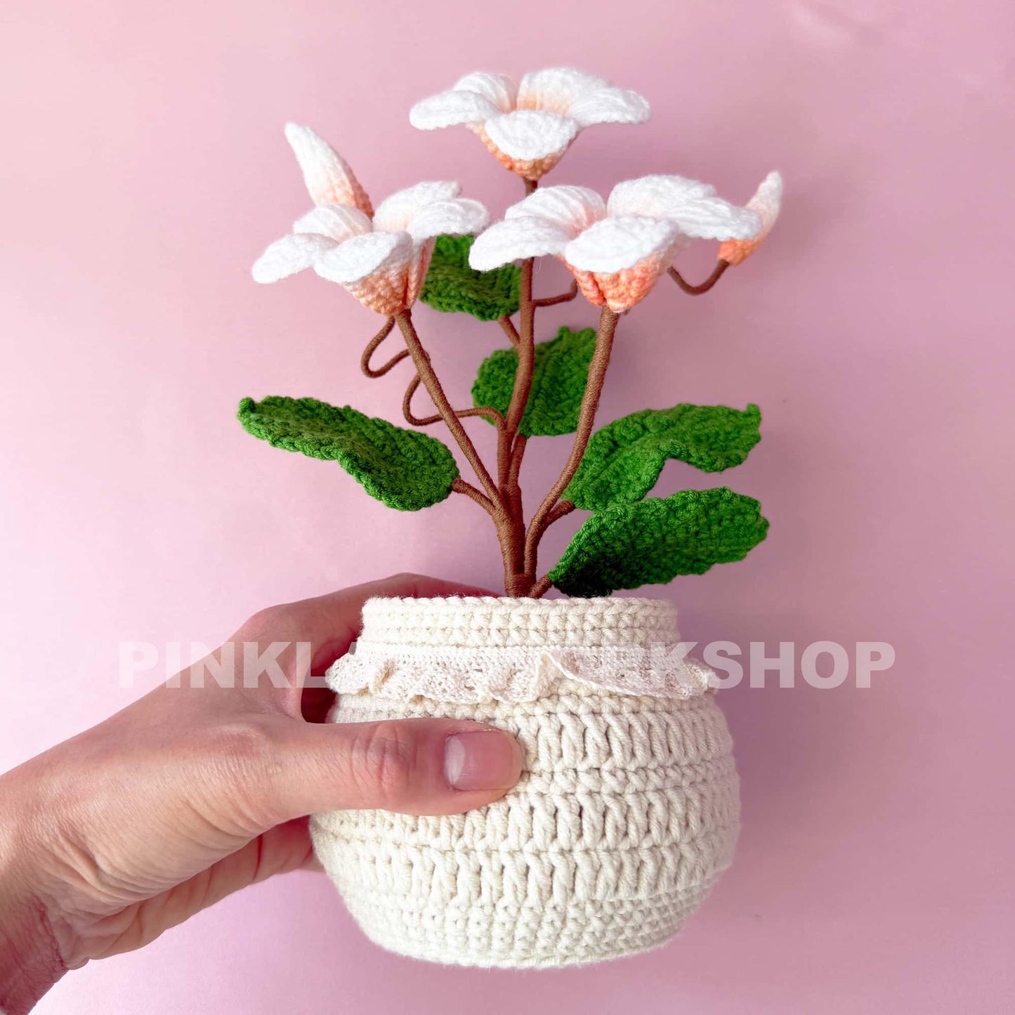 Handmade Crochet Plumeria Pot: Tropical Yarn Flower Decor