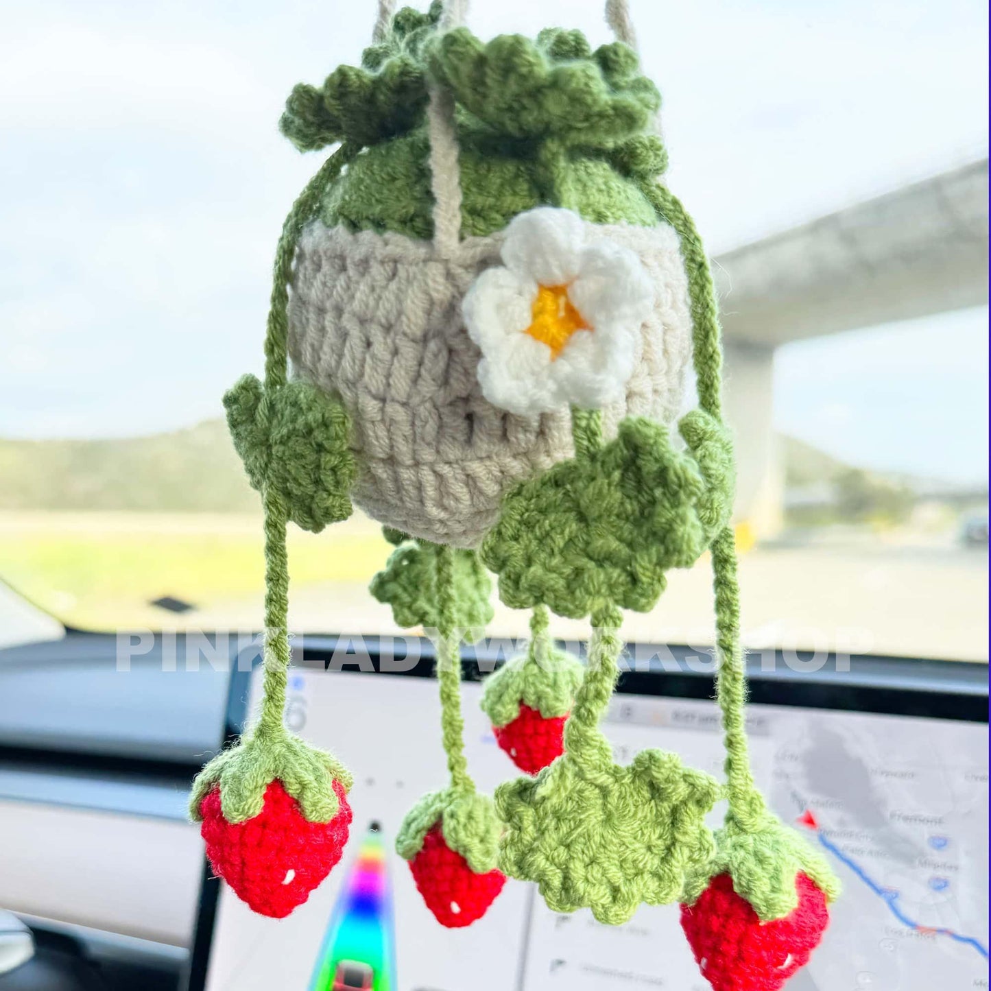 Crochet Strawberry Car Charm: Handmade Hanging Car Accessory
