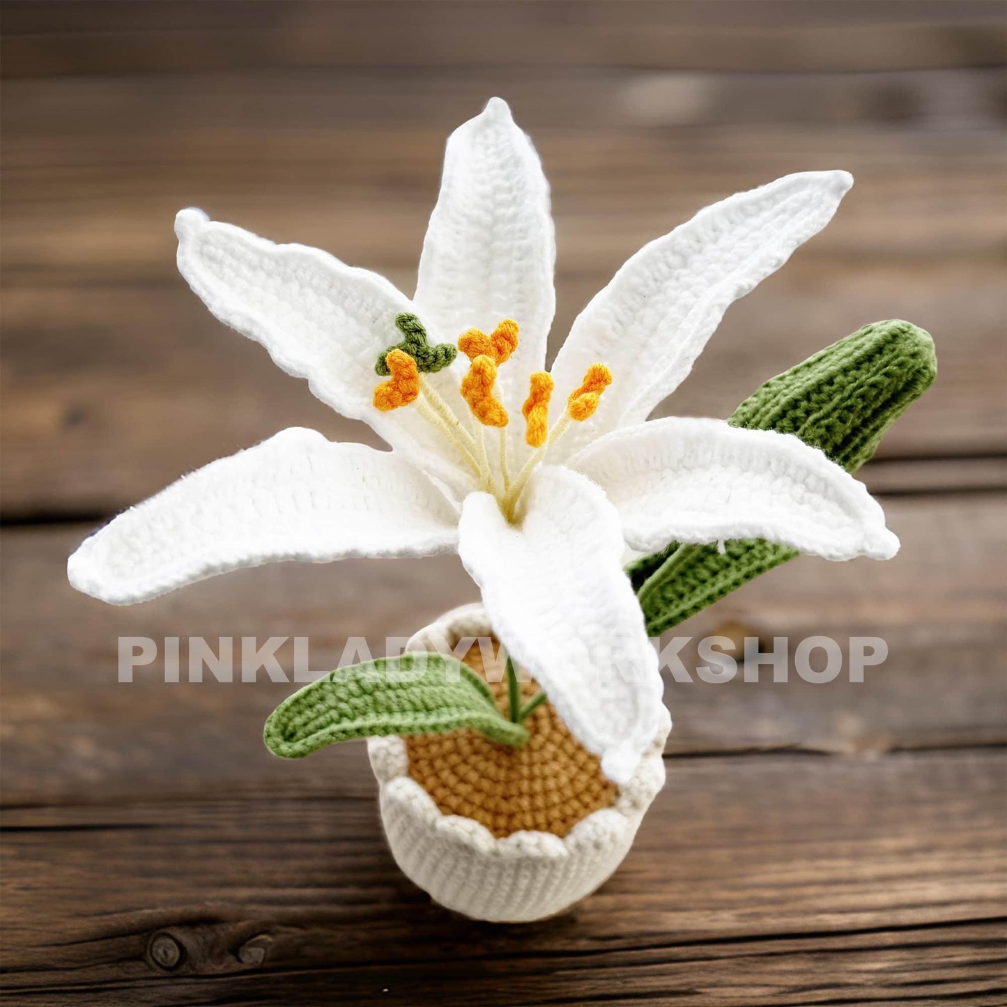 Handmade Crochet White Lily Bonsai - Cotton Flower Decor