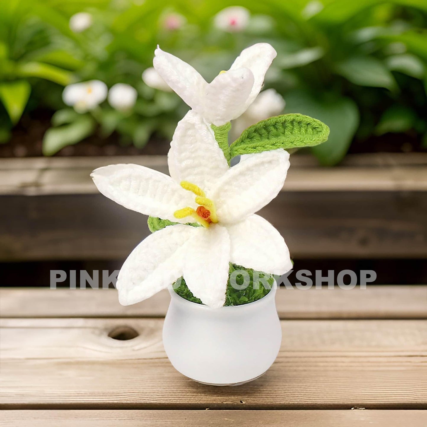 Crochet White Lily Bonsai: Handmade Cotton Flower Decor