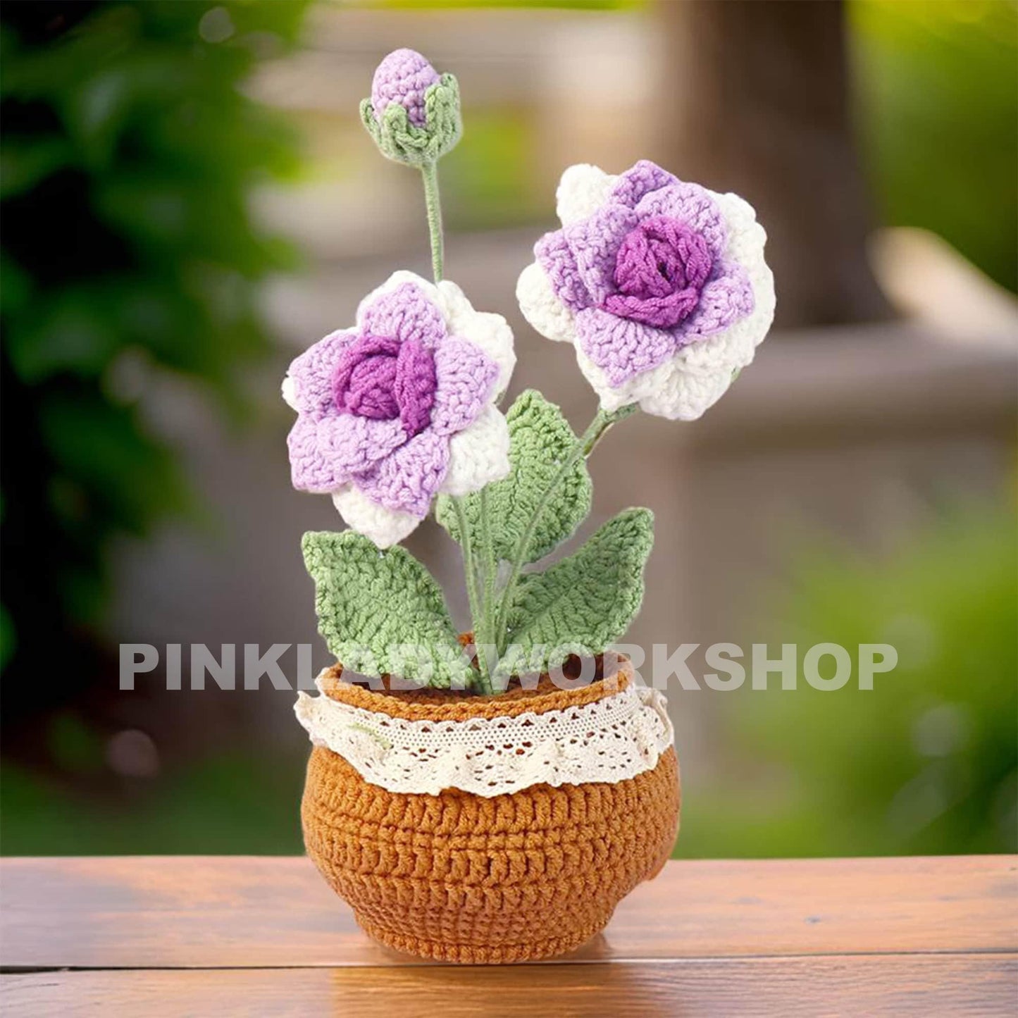 Handmade Crochet Pink Rose Pot: Yarn Flower Decor, 8" Tall
