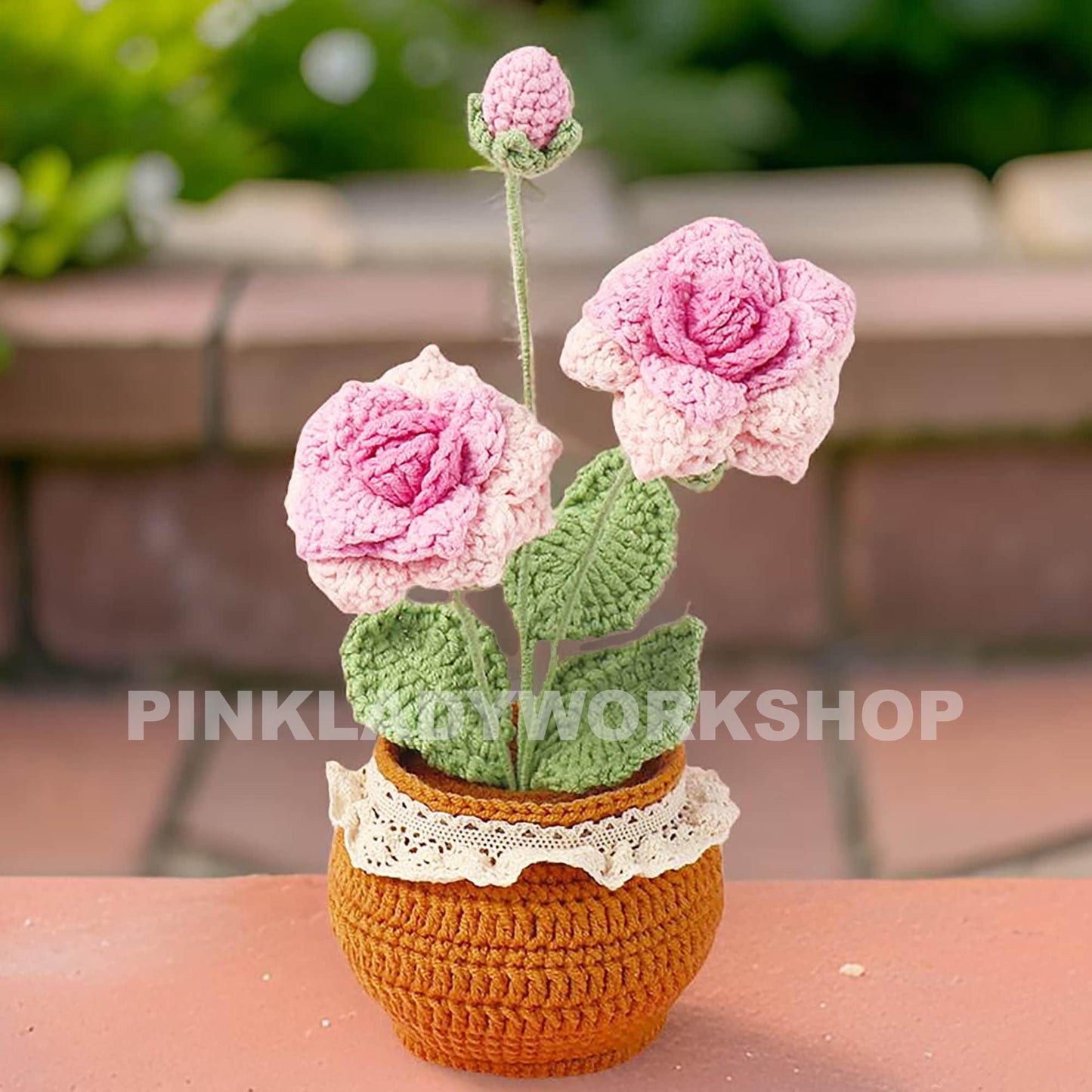 Handmade Crochet Pink Rose Pot: Yarn Flower Decor, 8" Tall