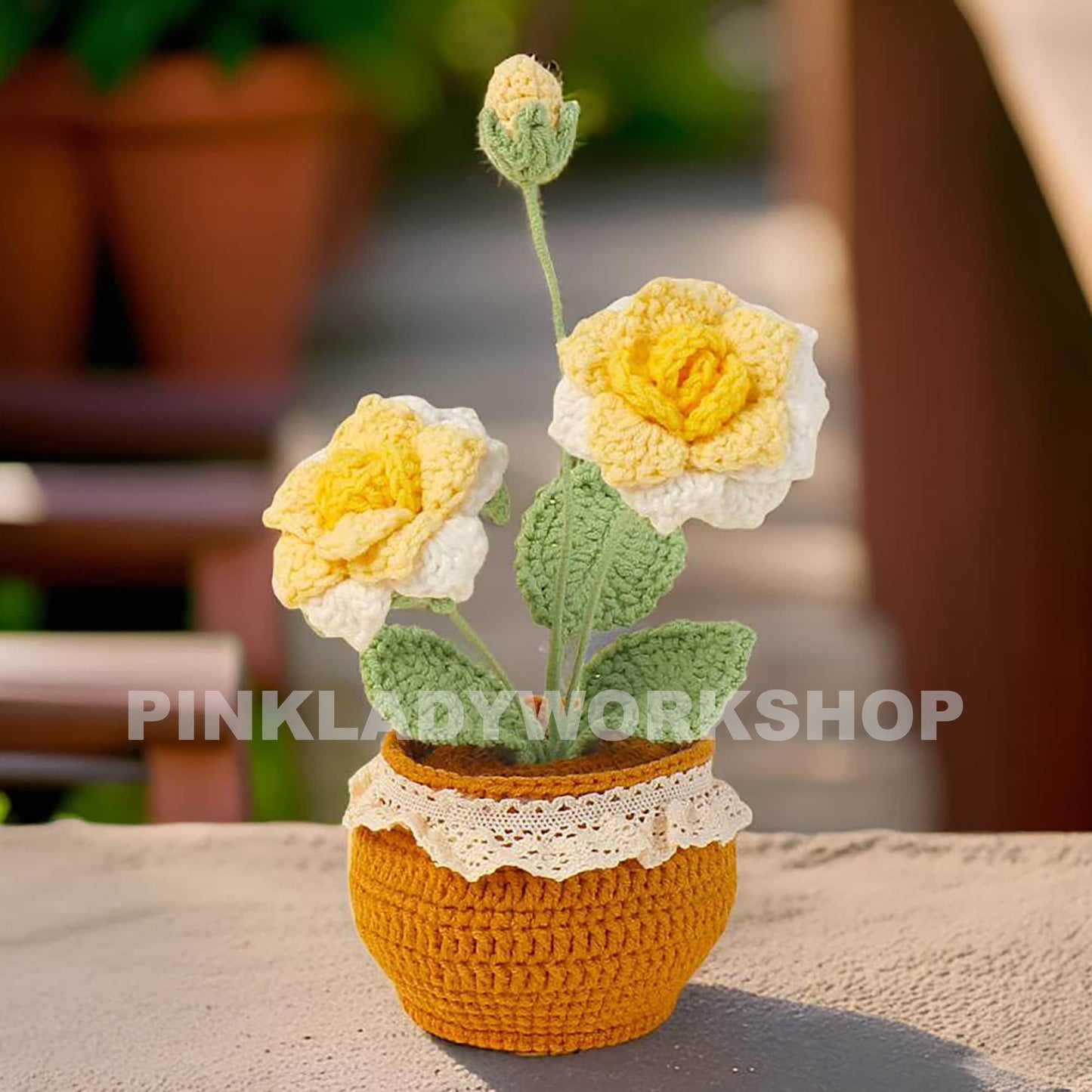 Handmade Crochet Pink Rose Pot: Yarn Flower Decor, 8" Tall