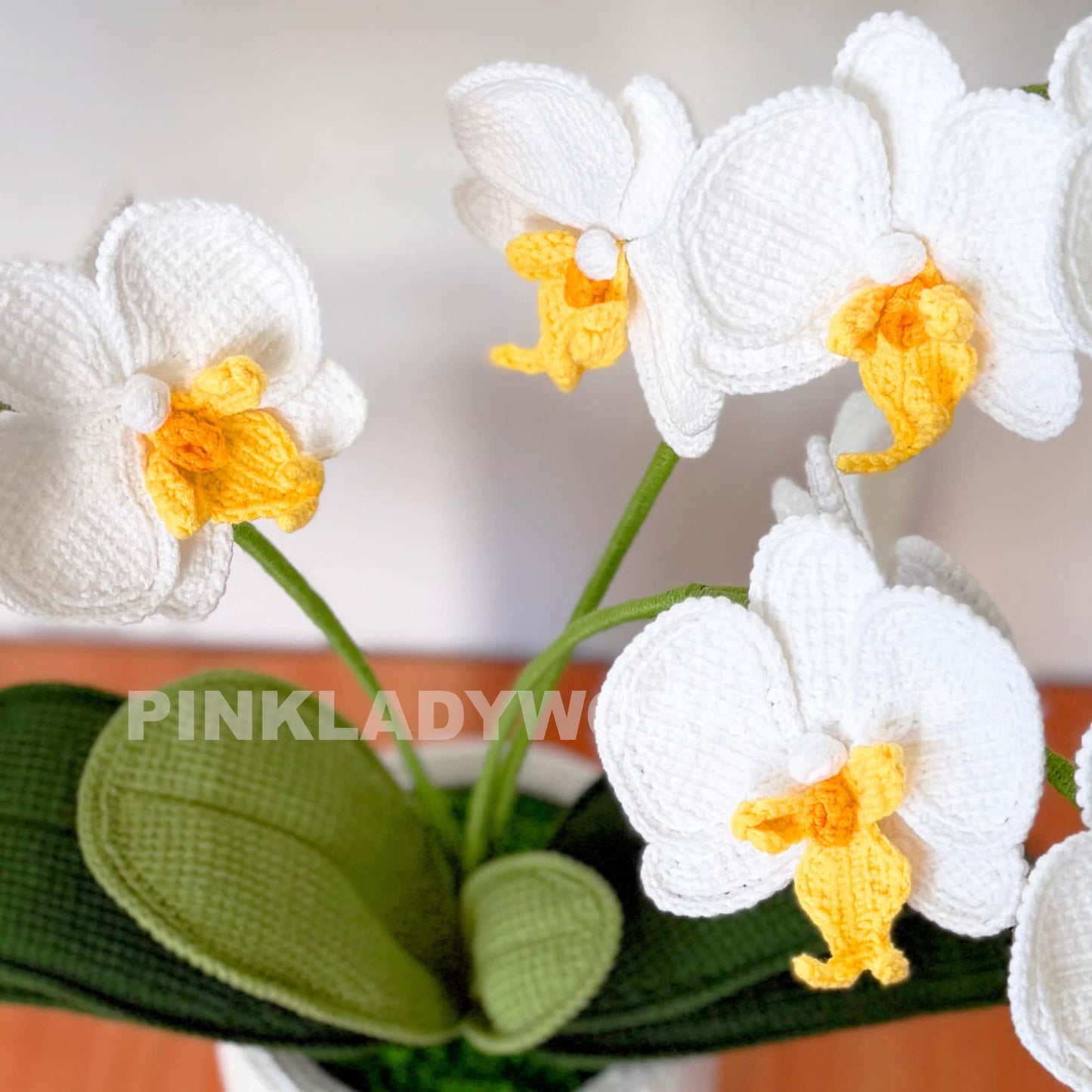 Handmade Crochet Orchid Pot: White & Green Flower Arrangement
