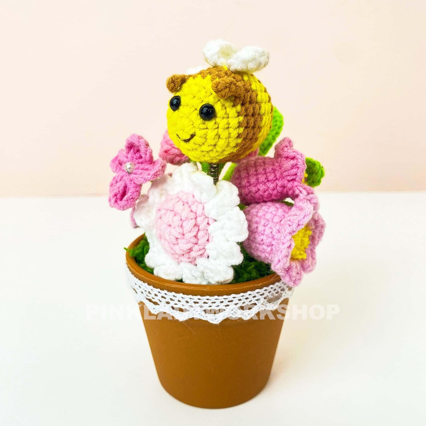 Handmade Crochet Bee Flower Pot: Pink Flowers, Spring Decor