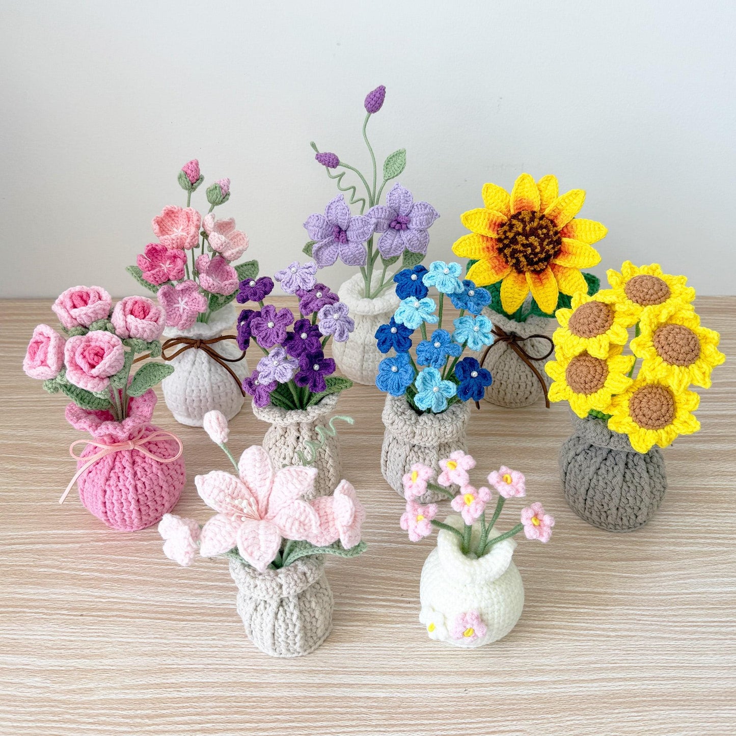 Handmade Crochet Vase | Forget-me-not | Sunflower | Rose | Blue Yellow Purple Pink | Flower Home Decoration | Valentines Graduation Gift
