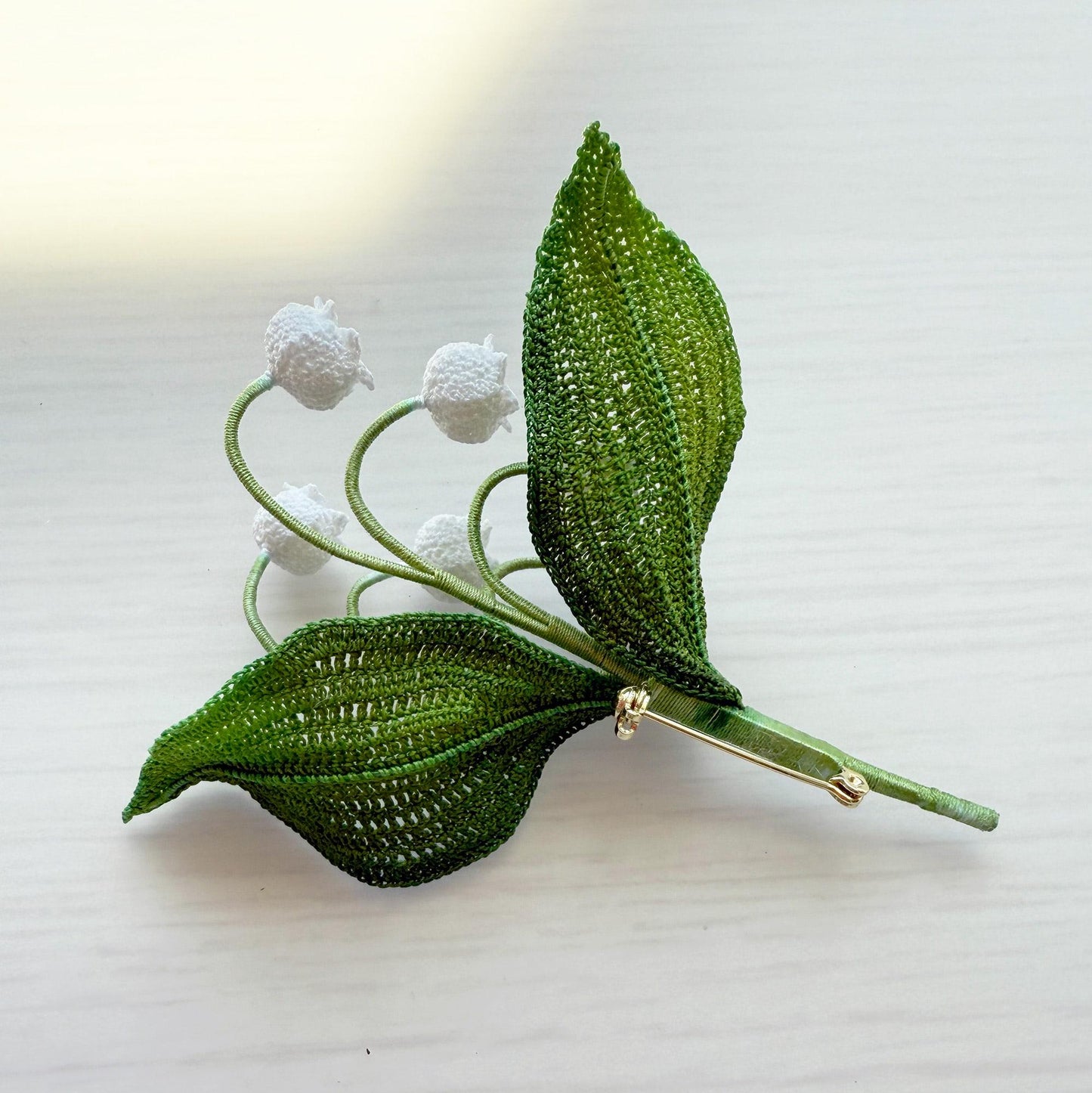 Handmade Micro Crochet Lily of the Valley Brooch | White Floral Pin | Spring Flower Corsage | Botanical Crochet Jewelry | Wedding Accessory
