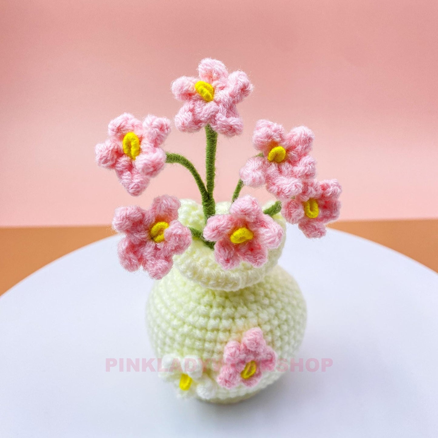 Handmade Crochet Sakura Vase Charm | Japanese Style Home Decor | Pink Flower Bag Charm | Car Hanging Ornament | Kawaii Amigurumi Gift