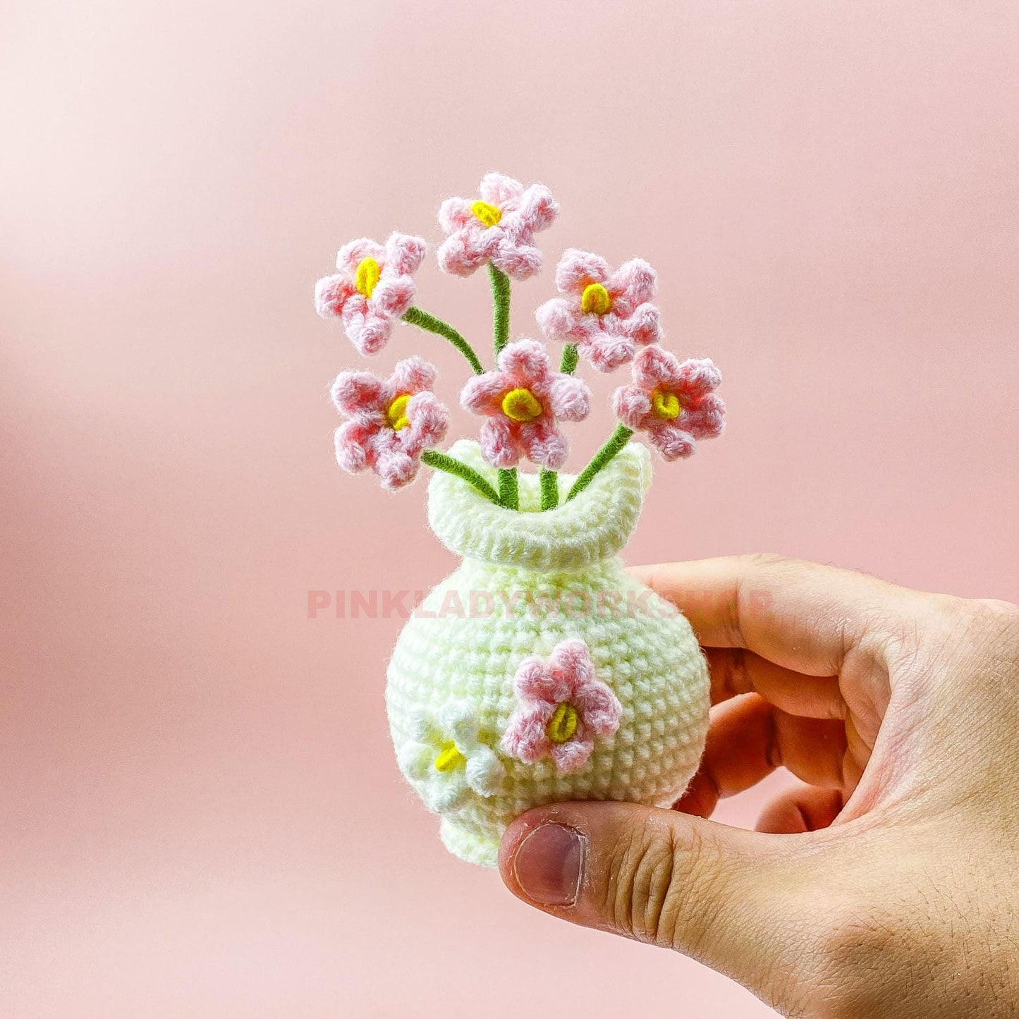 Handmade Crochet Sakura Vase Charm | Japanese Style Home Decor | Pink Flower Bag Charm | Car Hanging Ornament | Kawaii Amigurumi Gift