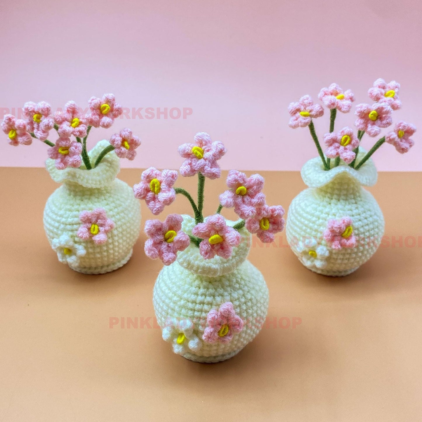 Handmade Crochet Sakura Vase Charm | Japanese Style Home Decor | Pink Flower Bag Charm | Car Hanging Ornament | Kawaii Amigurumi Gift