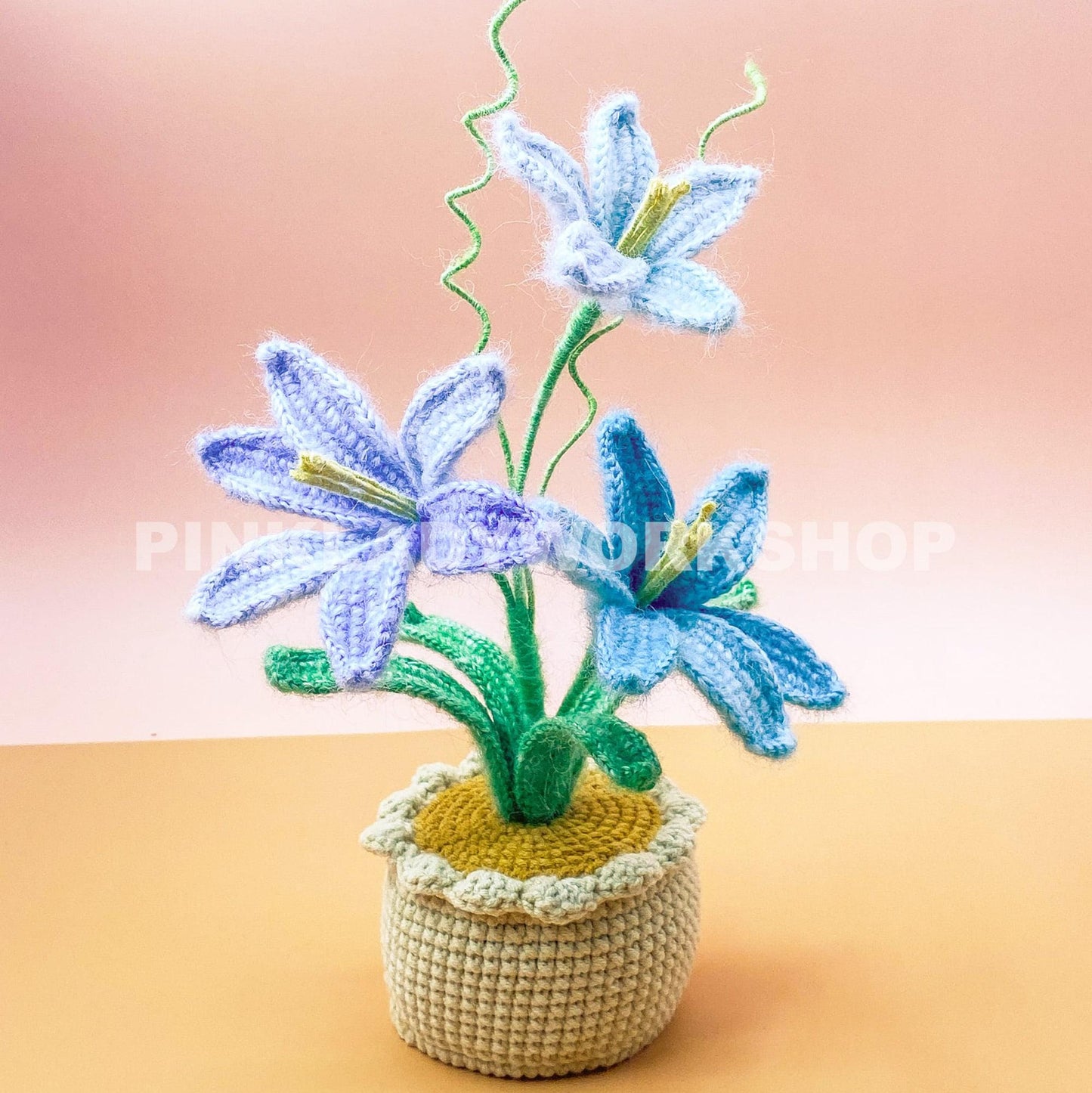 Handmade Crochet Rain Lily Flower Pot | Amigurumi Lily Decor | Gradient Yarn Flower Arrangement | Soft Sculpture Plant Gift | Pink Blue