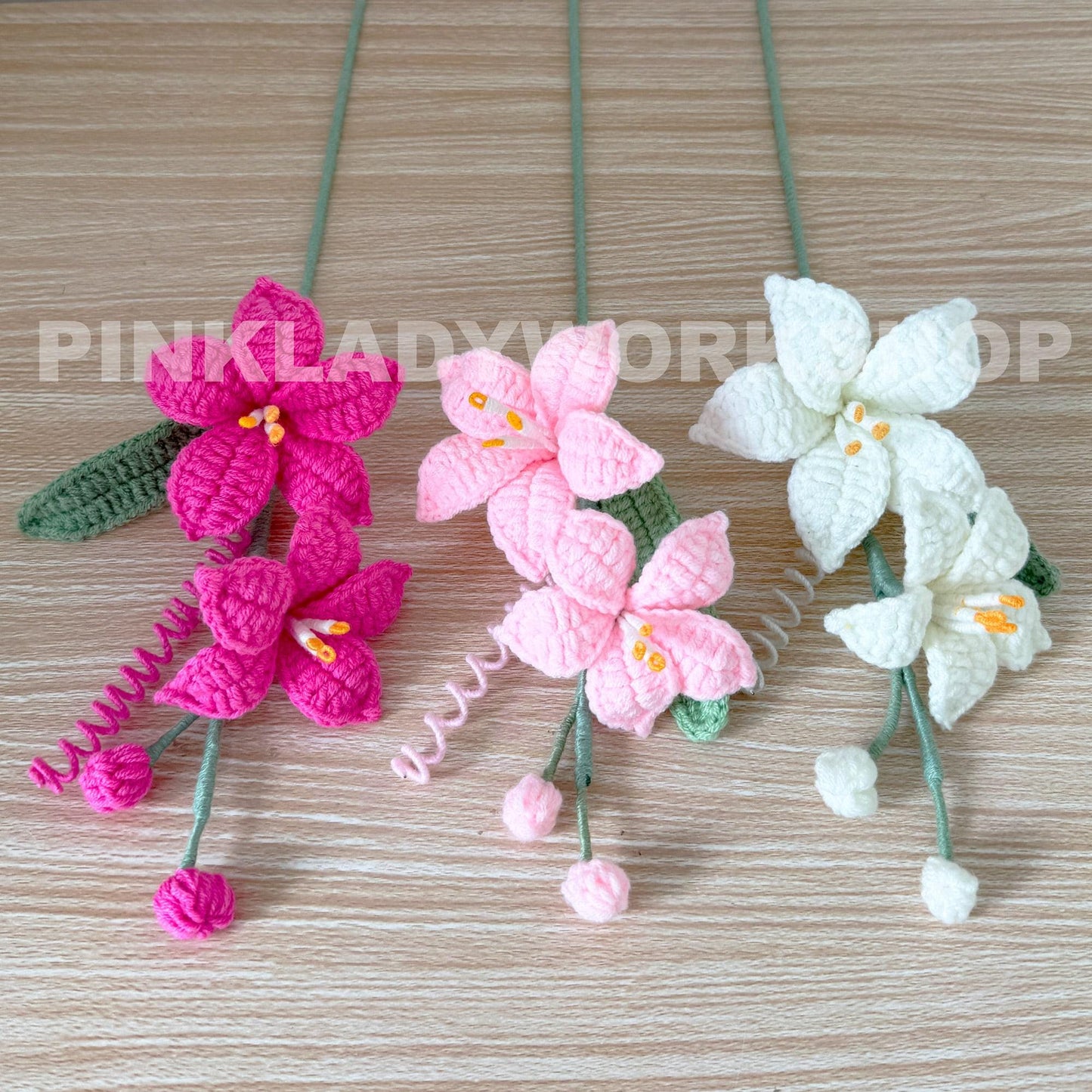 Set of 3 (1 White, 1 Baby Pink, 1 Royal Pink) Handmade Crochet Coppertips Flower(no vase) | Soft Yarn Bouquet Lily Arrangement | Floral Gift