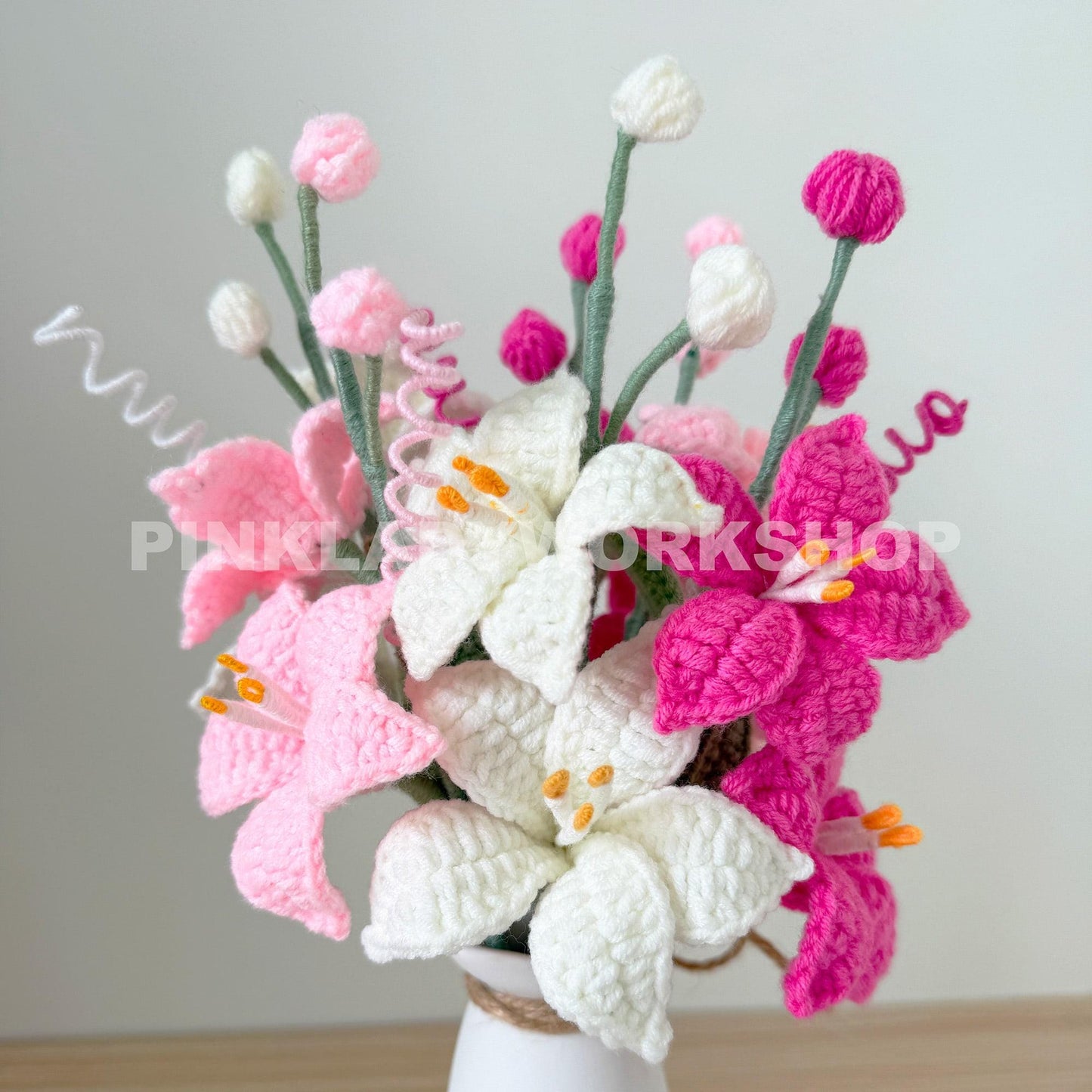 Set of 3 (1 White, 1 Baby Pink, 1 Royal Pink) Handmade Crochet Coppertips Flower(no vase) | Soft Yarn Bouquet Lily Arrangement | Floral Gift