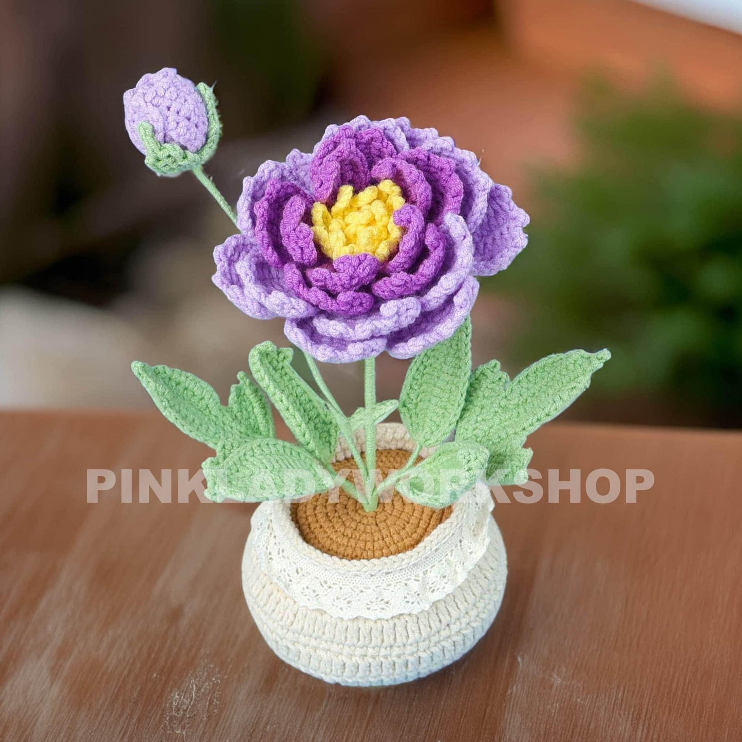 Handmade Crochet Peony Flower Pot: Cotton Yarn Home Decor