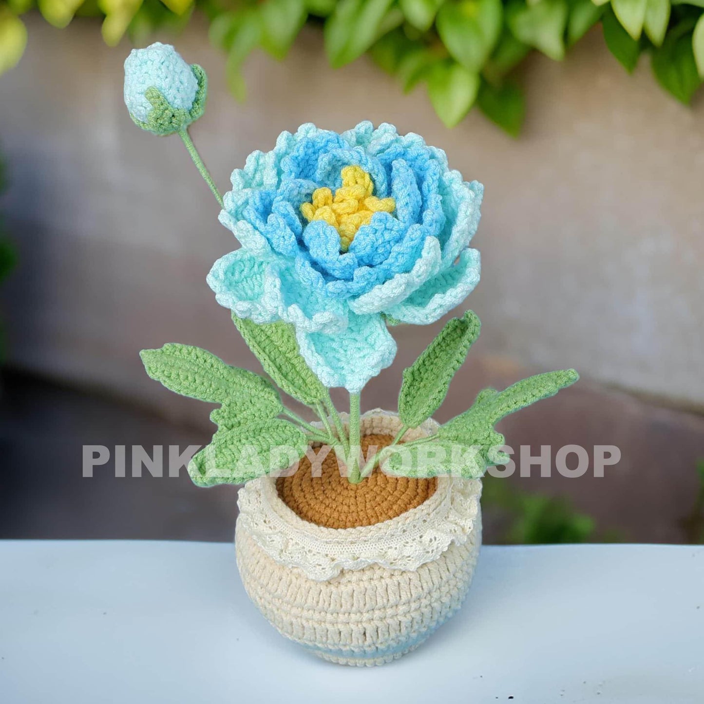 Handmade Crochet Peony Flower Pot: Cotton Yarn Home Decor