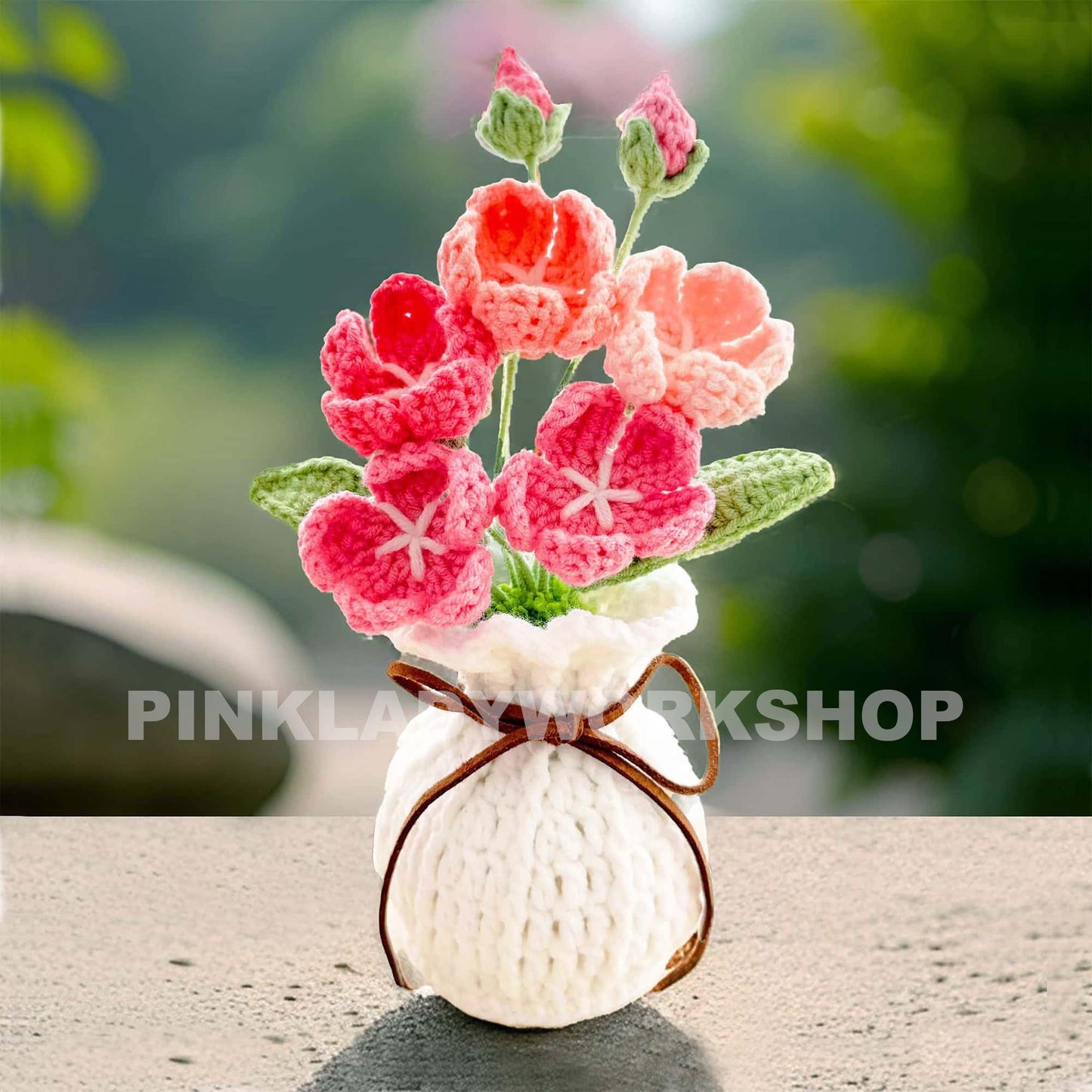 Handmade Crochet Primroses Vase: Pink & White Yarn Flowers