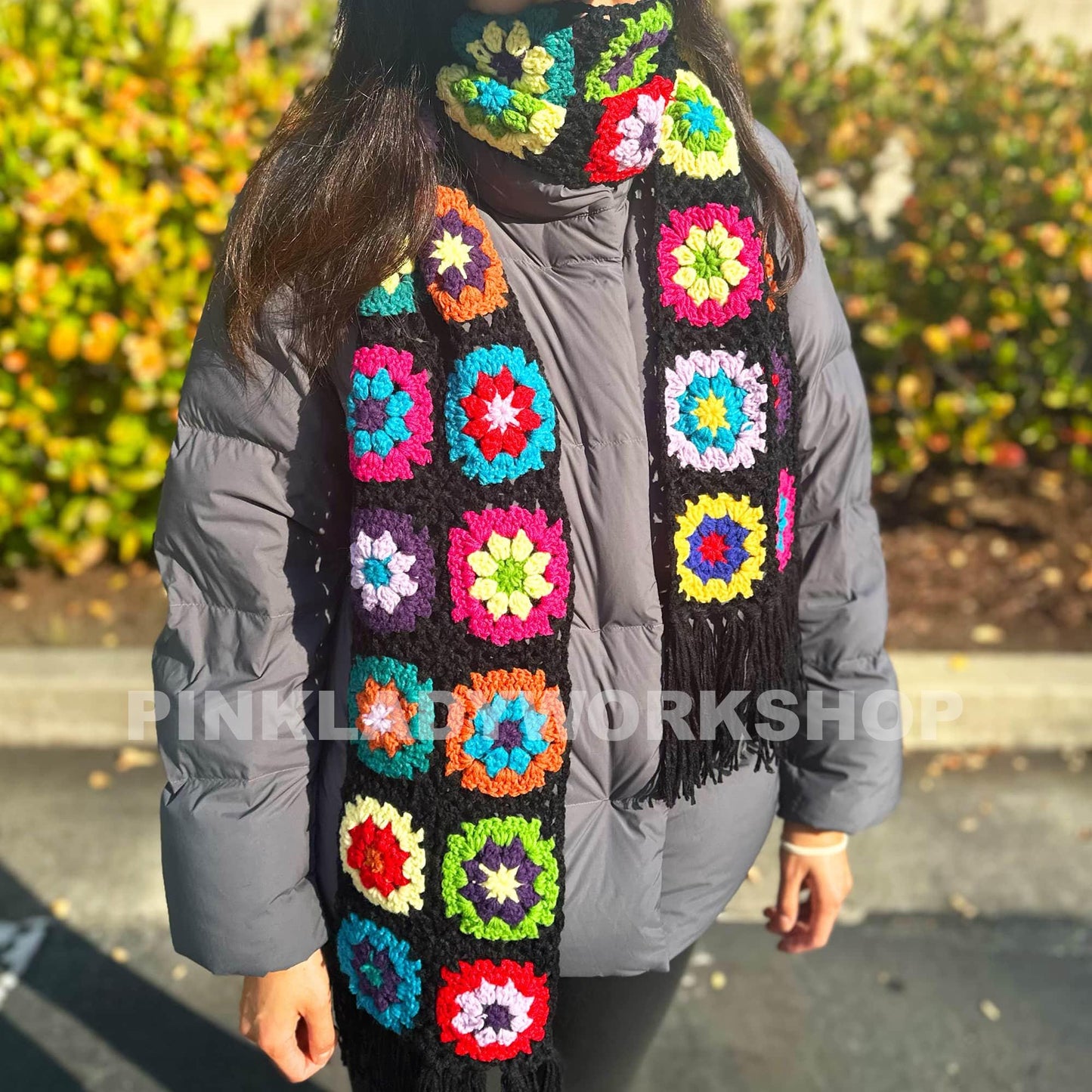 Handmade Crochet Granny Square Scarf: Colorful Winter Fashion