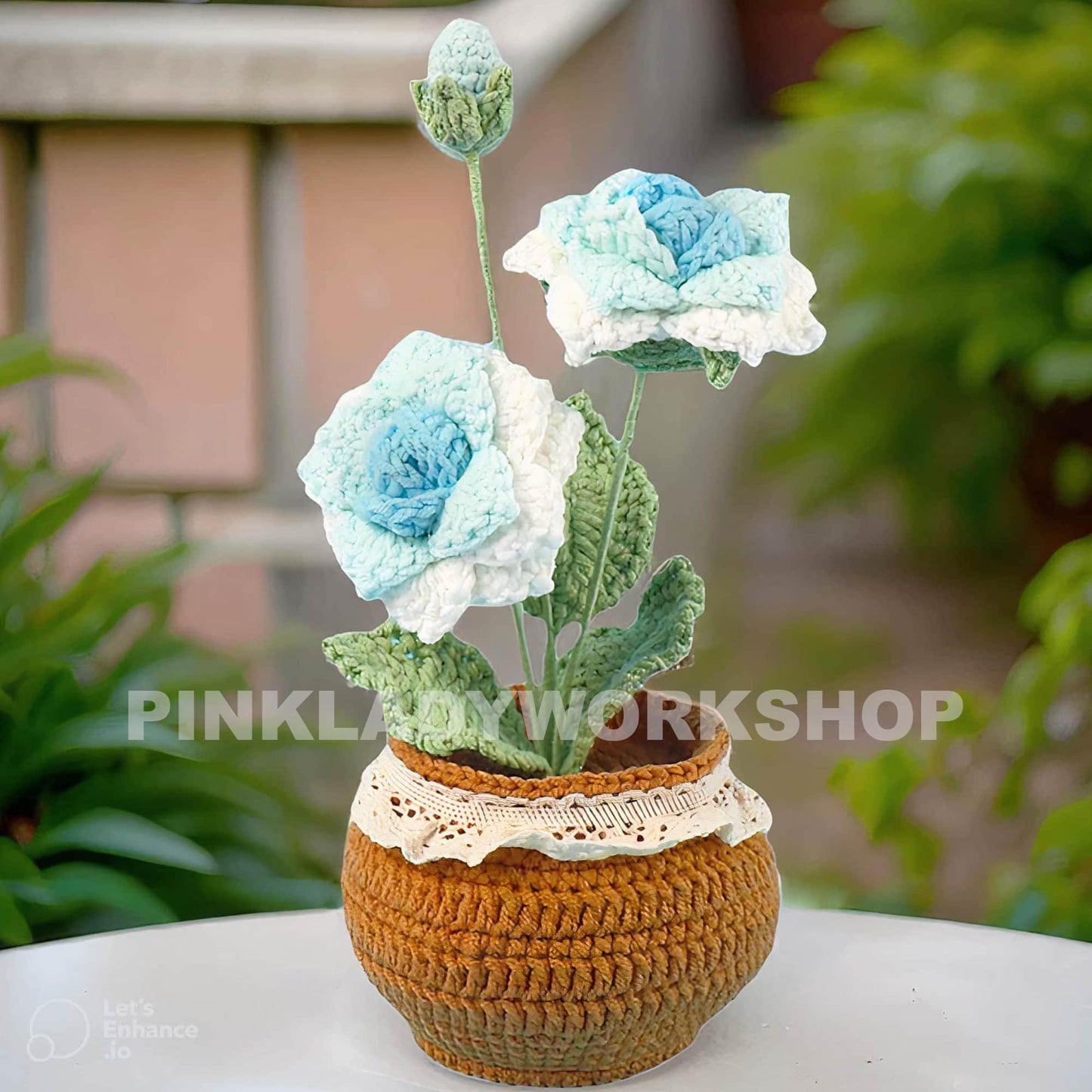 Handmade Crochet Pink Rose Pot: Yarn Flower Decor, 8" Tall