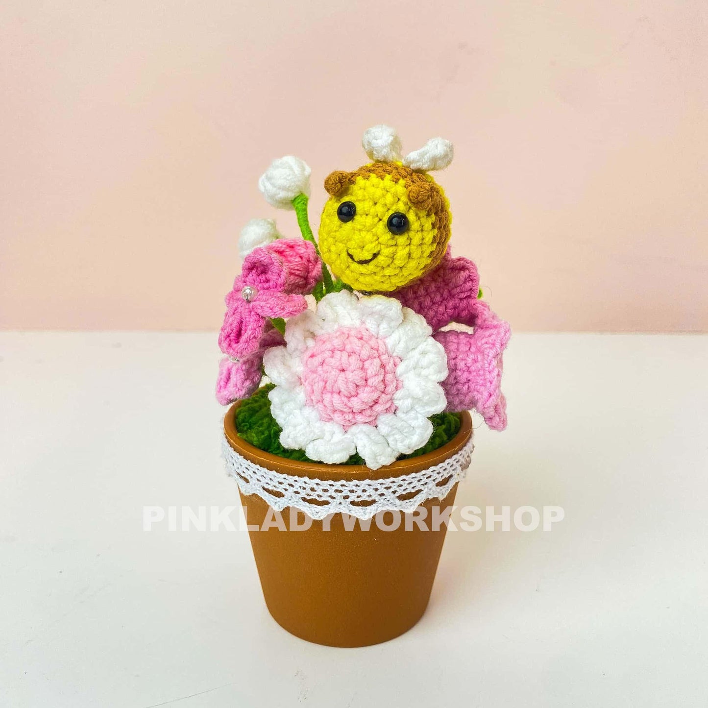 Handmade Crochet Bee Flower Pot: Pink Flowers, Spring Decor
