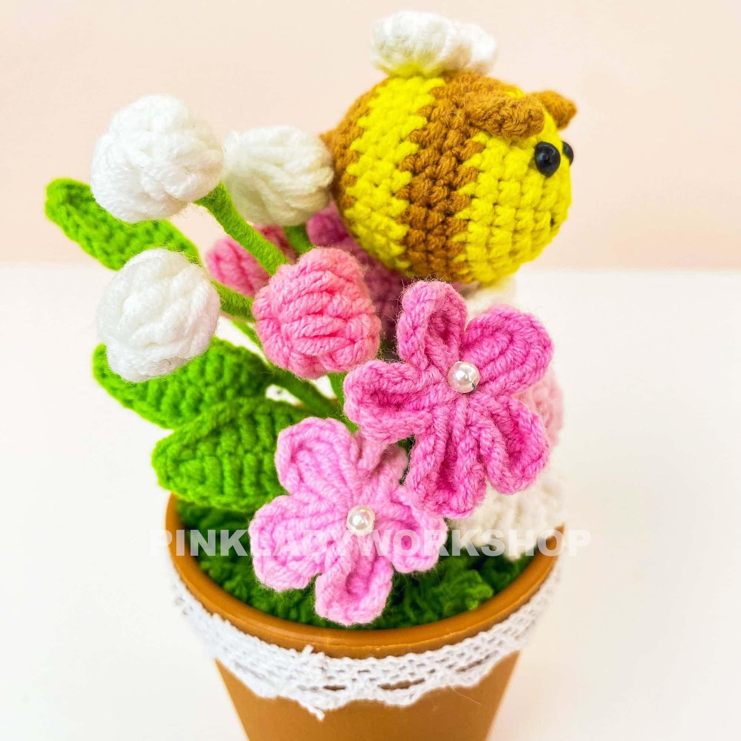 Handmade Crochet Bee Flower Pot: Pink Flowers, Spring Decor