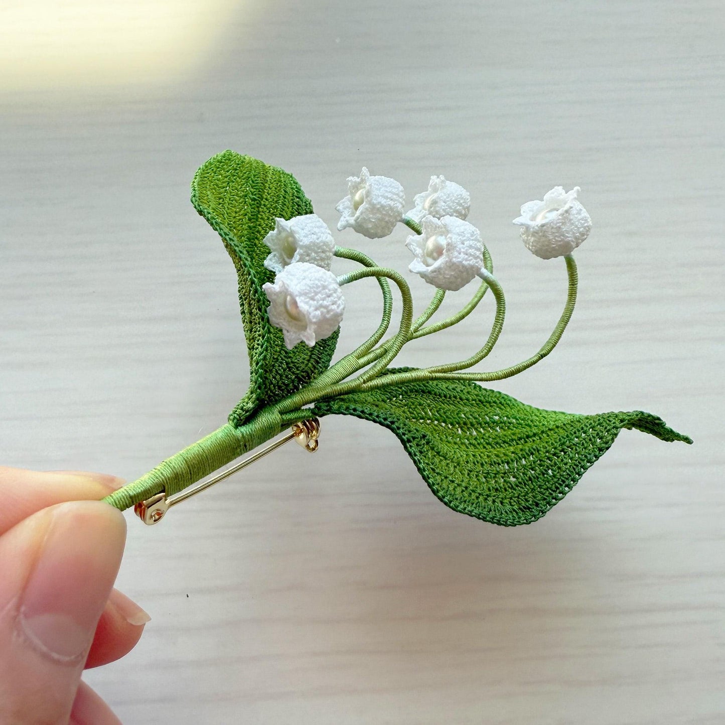 Handmade Micro Crochet Lily of the Valley Brooch | White Floral Pin | Spring Flower Corsage | Botanical Crochet Jewelry | Wedding Accessory