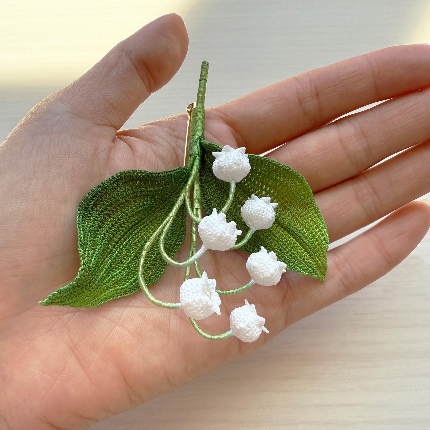 Handmade Micro Crochet Lily of the Valley Brooch | White Floral Pin | Spring Flower Corsage | Botanical Crochet Jewelry | Wedding Accessory