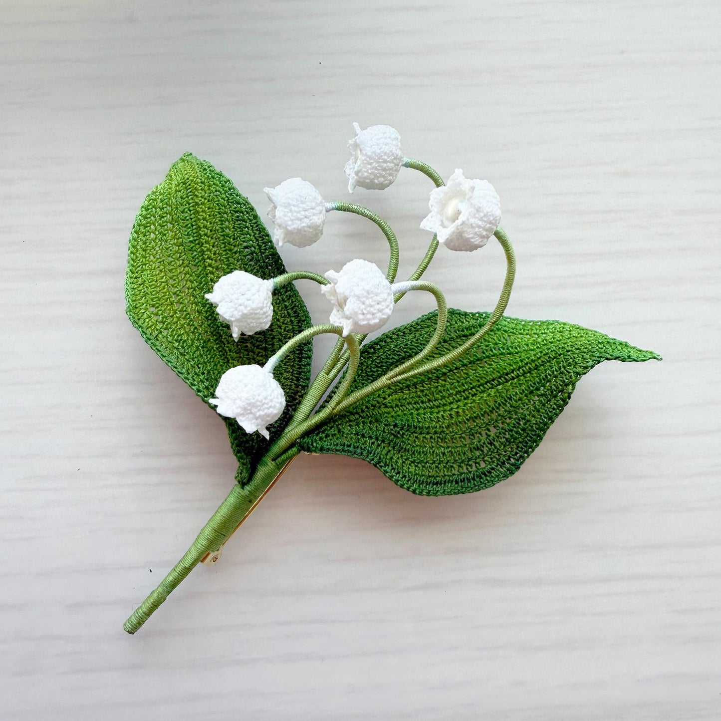 Handmade Micro Crochet Lily of the Valley Brooch | White Floral Pin | Spring Flower Corsage | Botanical Crochet Jewelry | Wedding Accessory