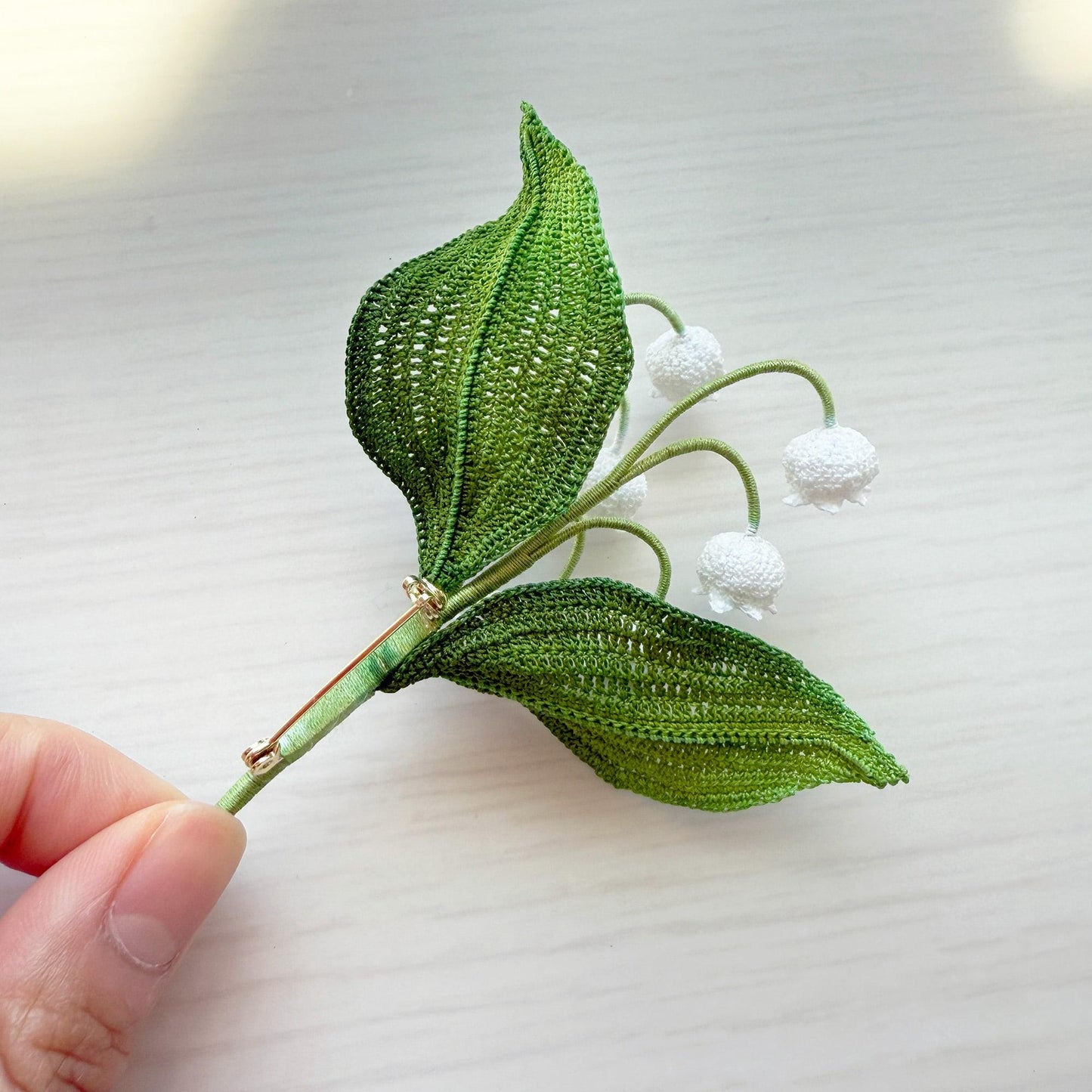 Handmade Micro Crochet Lily of the Valley Brooch | White Floral Pin | Spring Flower Corsage | Botanical Crochet Jewelry | Wedding Accessory