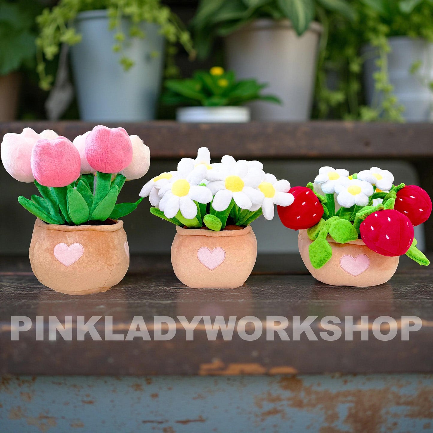 PinkLadyWorkshop Exclusive Pink Tulip | Daisy | Strawberry Pot Plush Toy: Stuffed Flower Bouquet