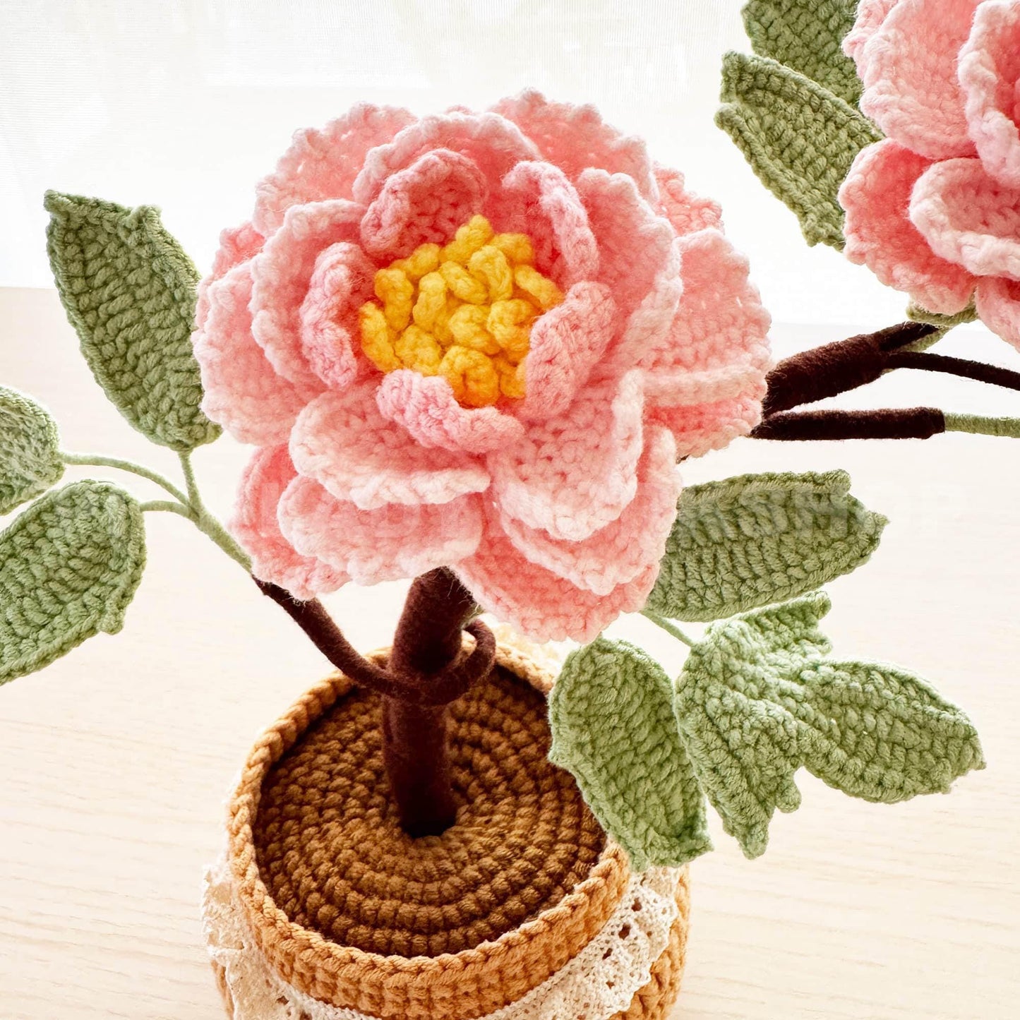 Handmade Crochet Peony Flower Bonsai Tree Pot: Cotton Yarn Home Decor | Pink | White