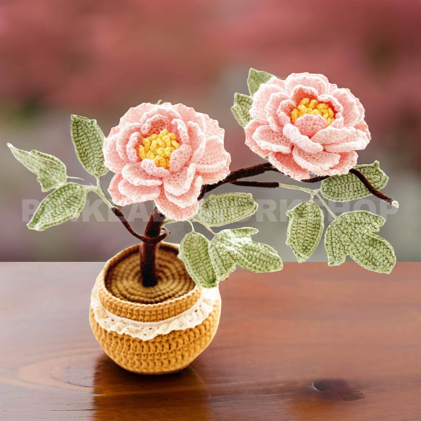 Handmade Crochet Peony Flower Bonsai Tree Pot: Cotton Yarn Home Decor | Pink | White