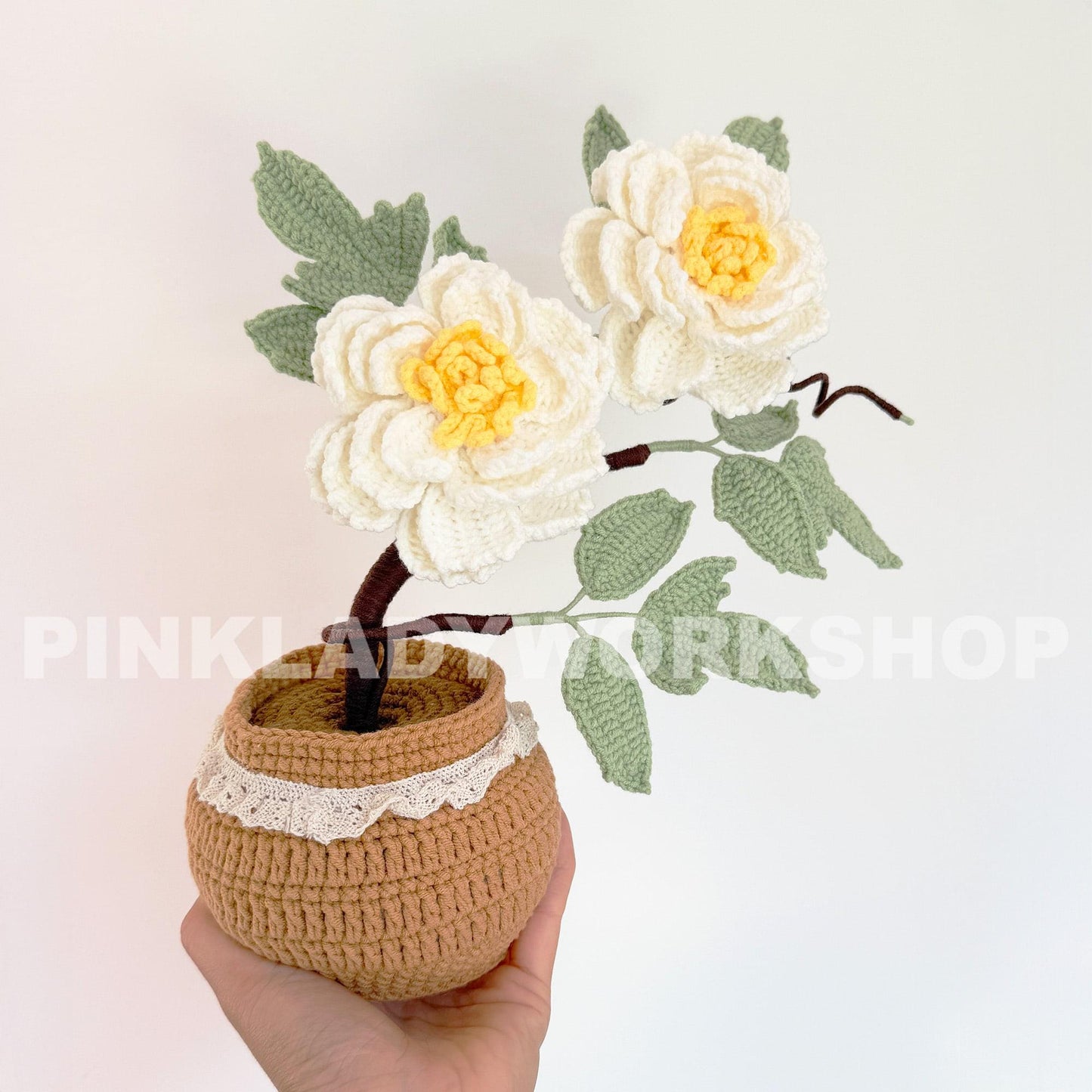 Handmade Crochet Peony Flower Bonsai Tree Pot: Cotton Yarn Home Decor | Pink | White