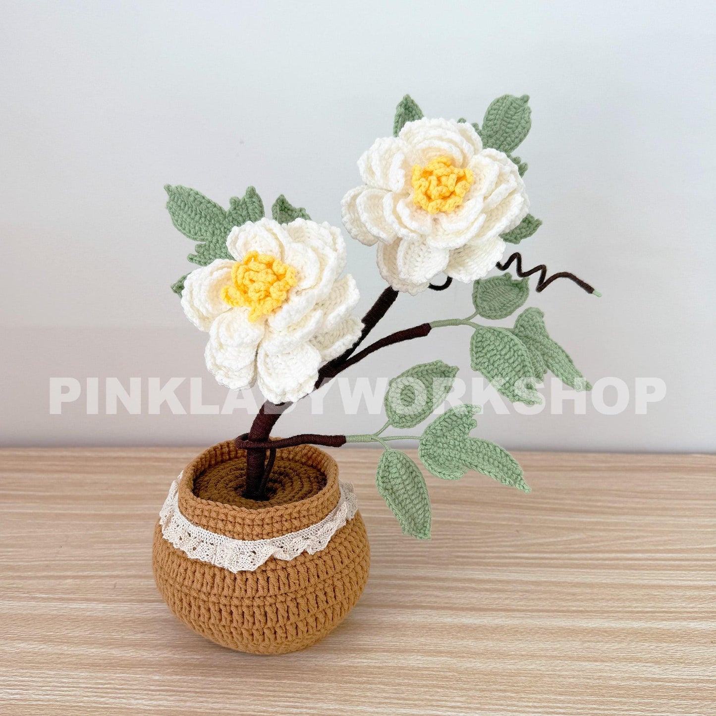 Handmade Crochet Peony Flower Bonsai Tree Pot: Cotton Yarn Home Decor | Pink | White